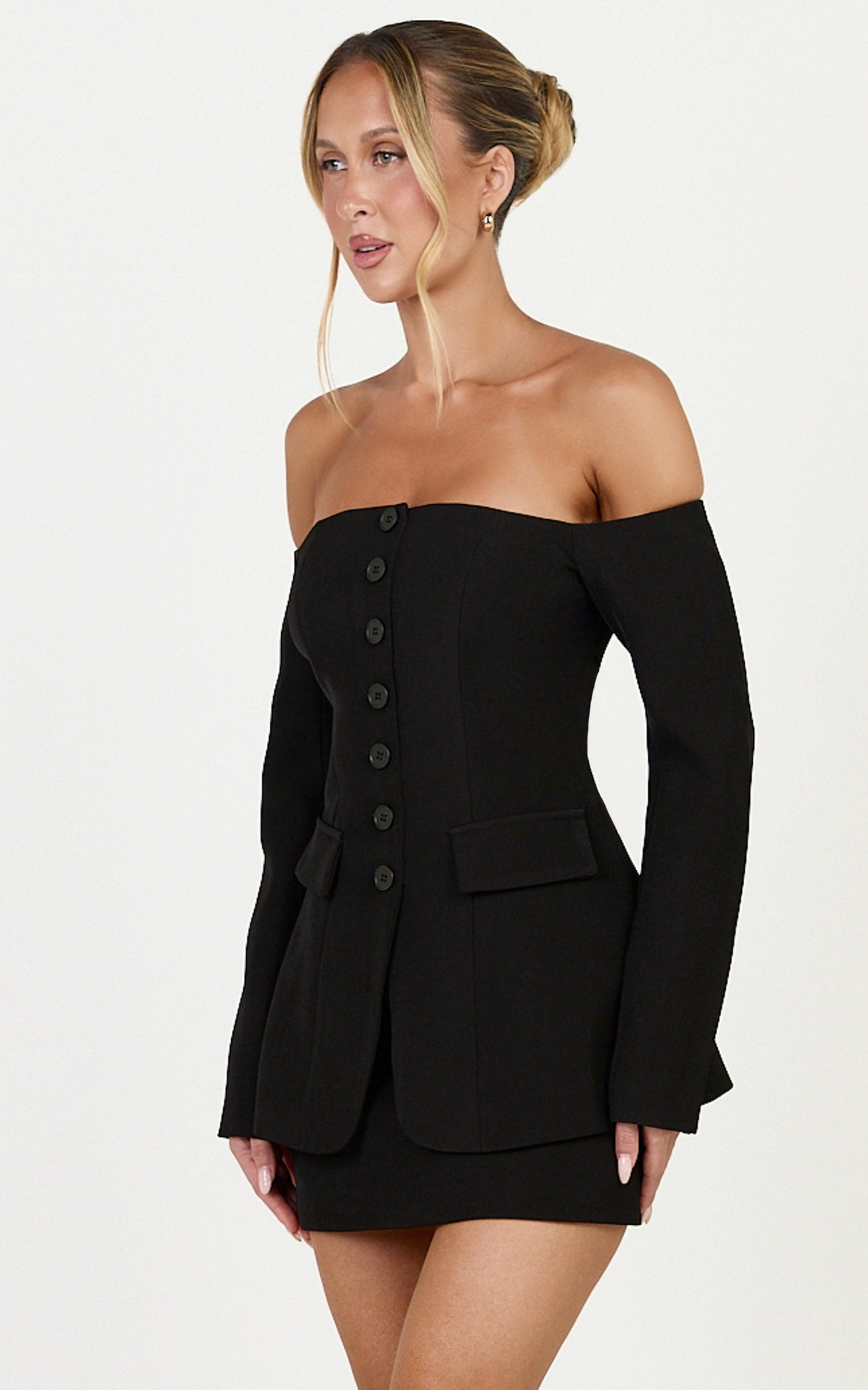 Edith Two Piece Top and Mini Skirt Set - Off Shoulder Button Front Long Sleeve Top and Skirt Set in Black