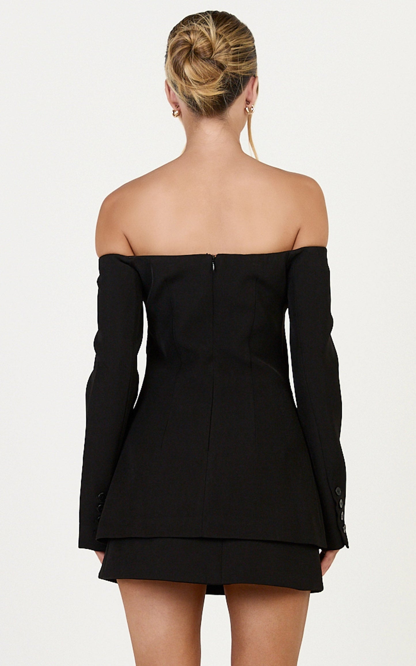 Edith Two Piece Top and Mini Skirt Set - Off Shoulder Button Front Long Sleeve Top and Skirt Set in Black