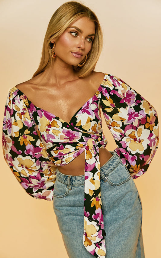 Edlynne Top - Long Sleeve Tie Back Wrap Crop Top in Black Floral