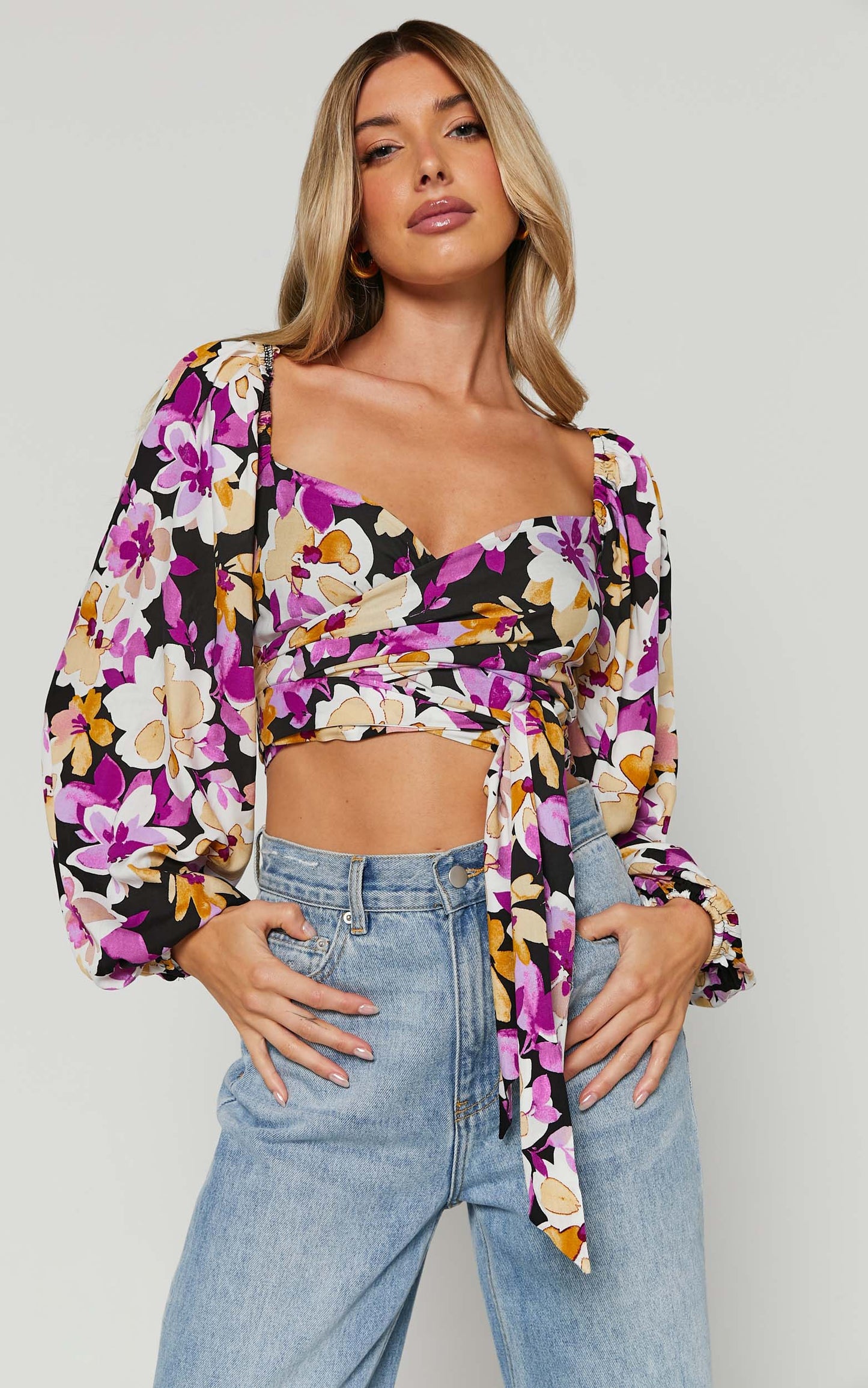 Edlynne Top - Long Sleeve Tie Back Wrap Crop Top in Black Floral