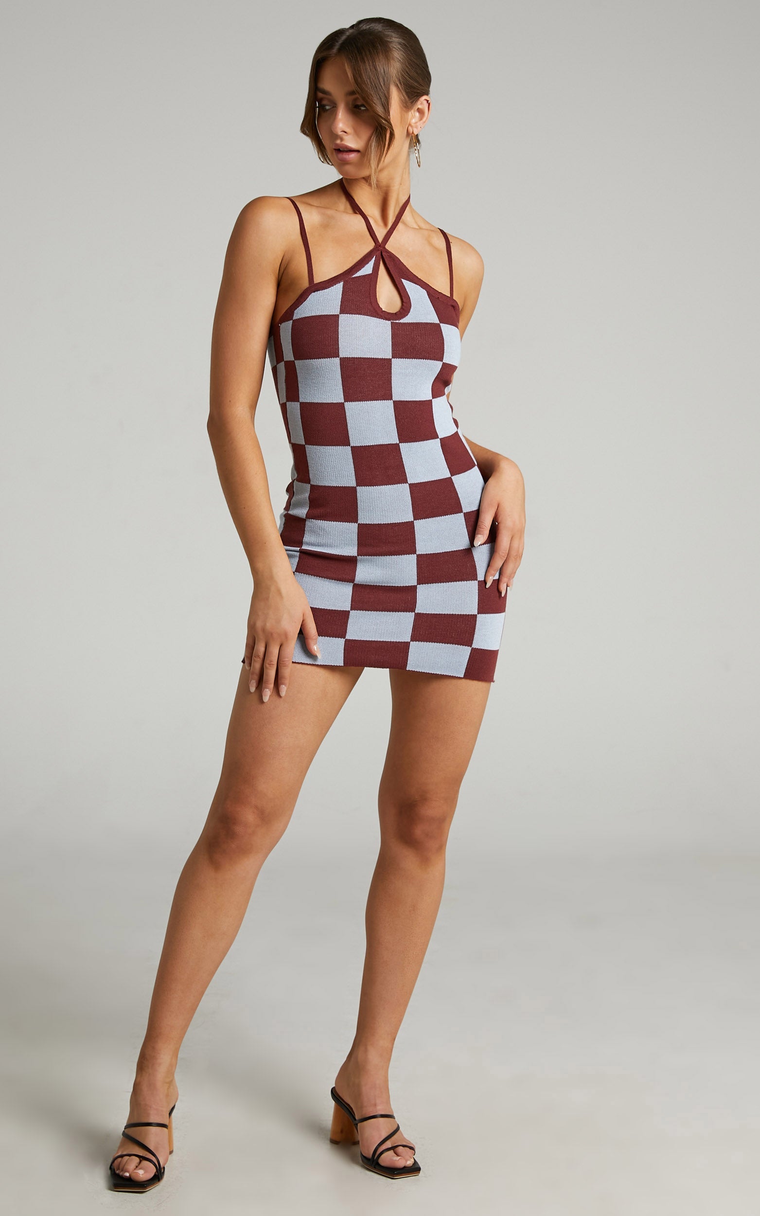 Edna Mini Dress - Halter Neck Dress in Brown Check
