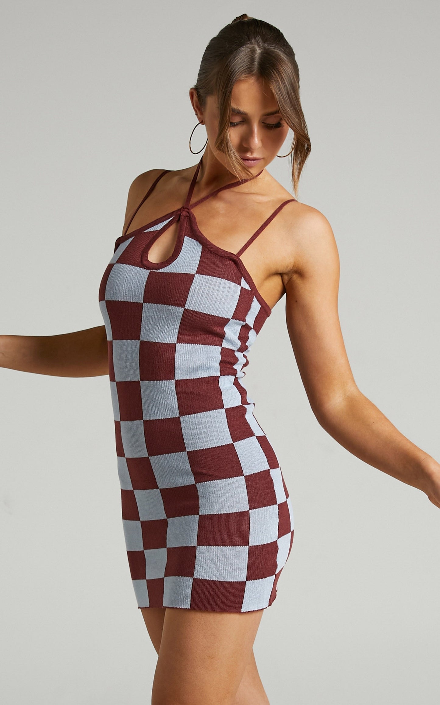 Edna Mini Dress - Halter Neck Dress in Brown Check