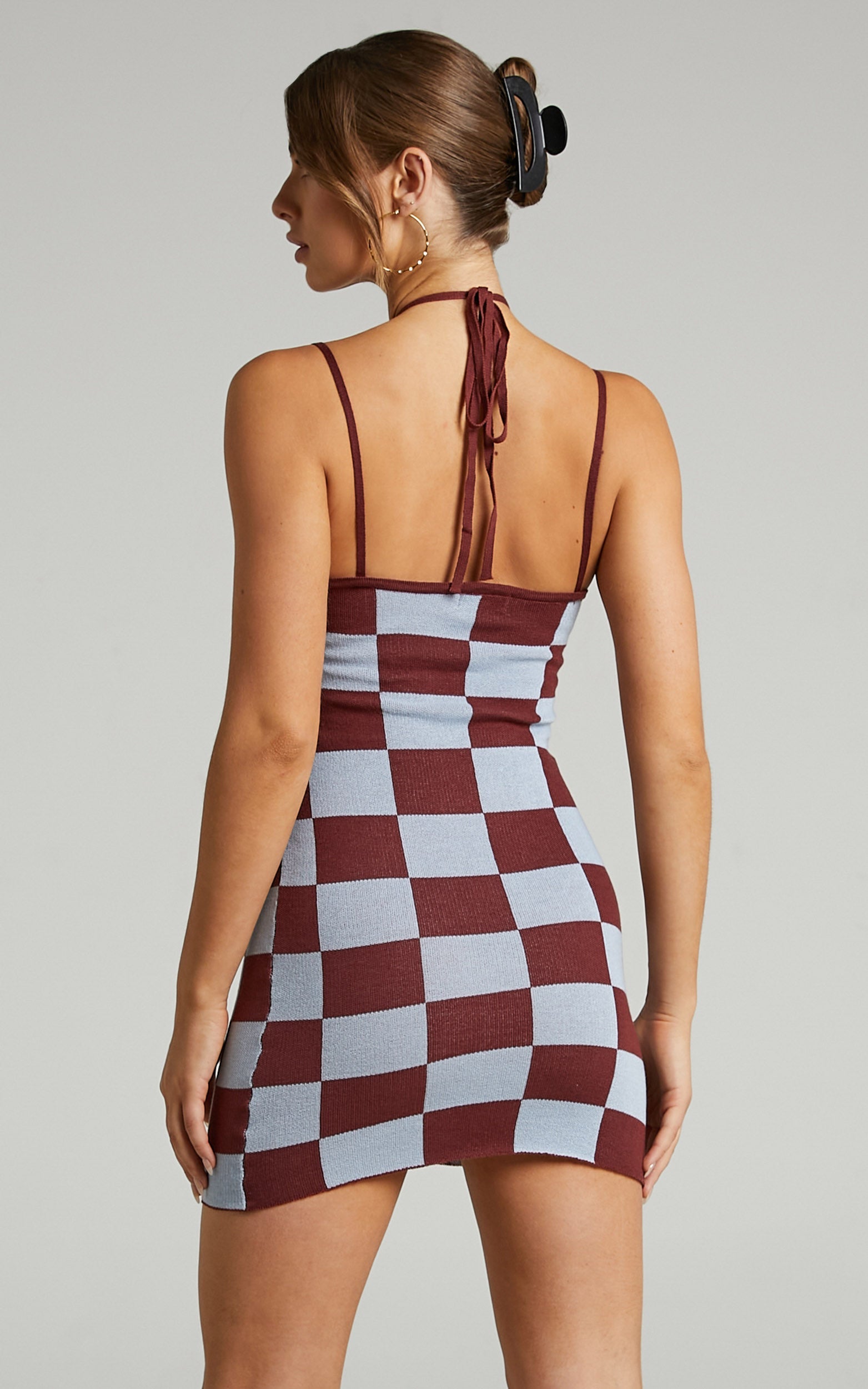 Edna Mini Dress - Halter Neck Dress in Brown Check