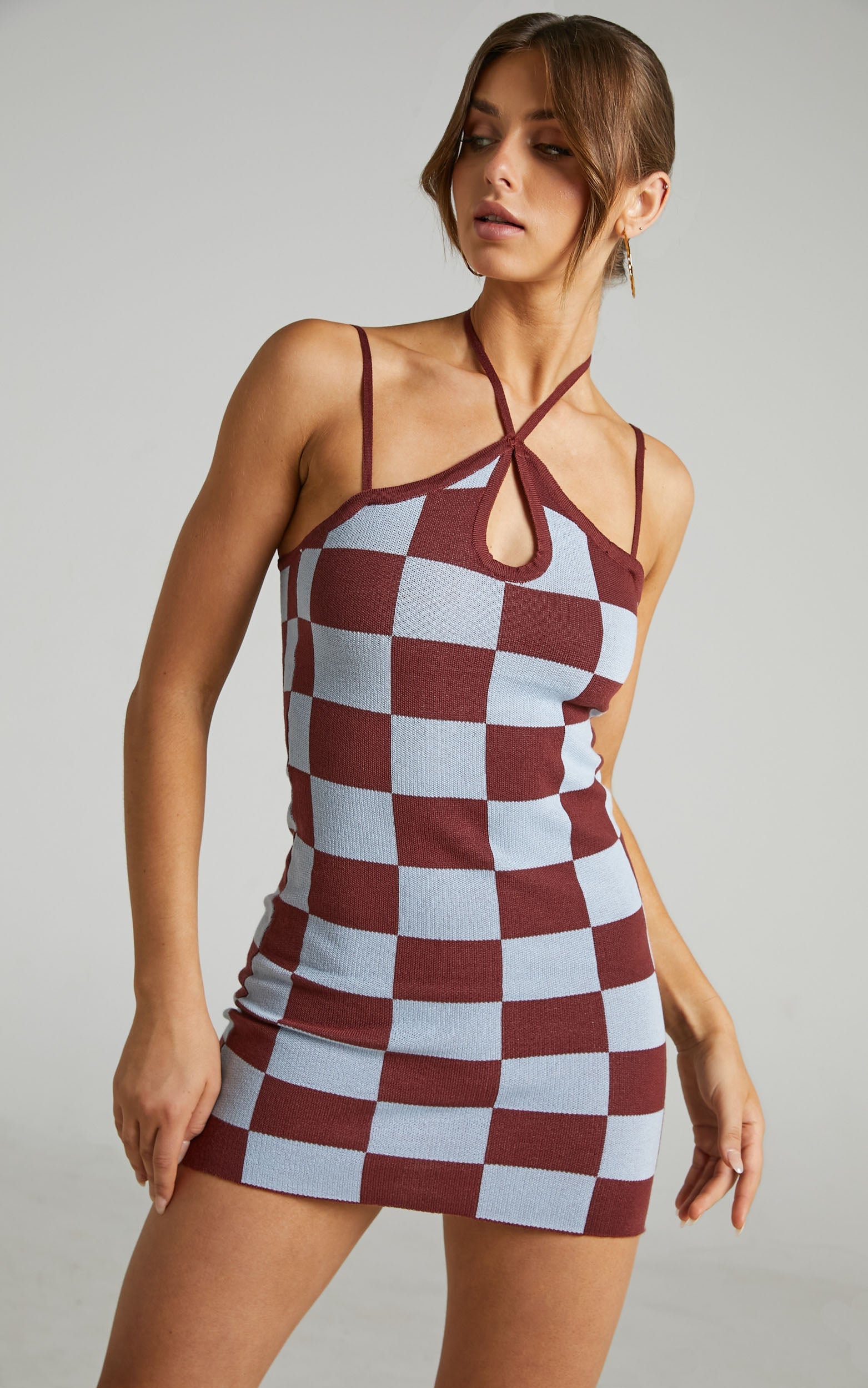 Edna Mini Dress - Halter Neck Dress in Brown Check