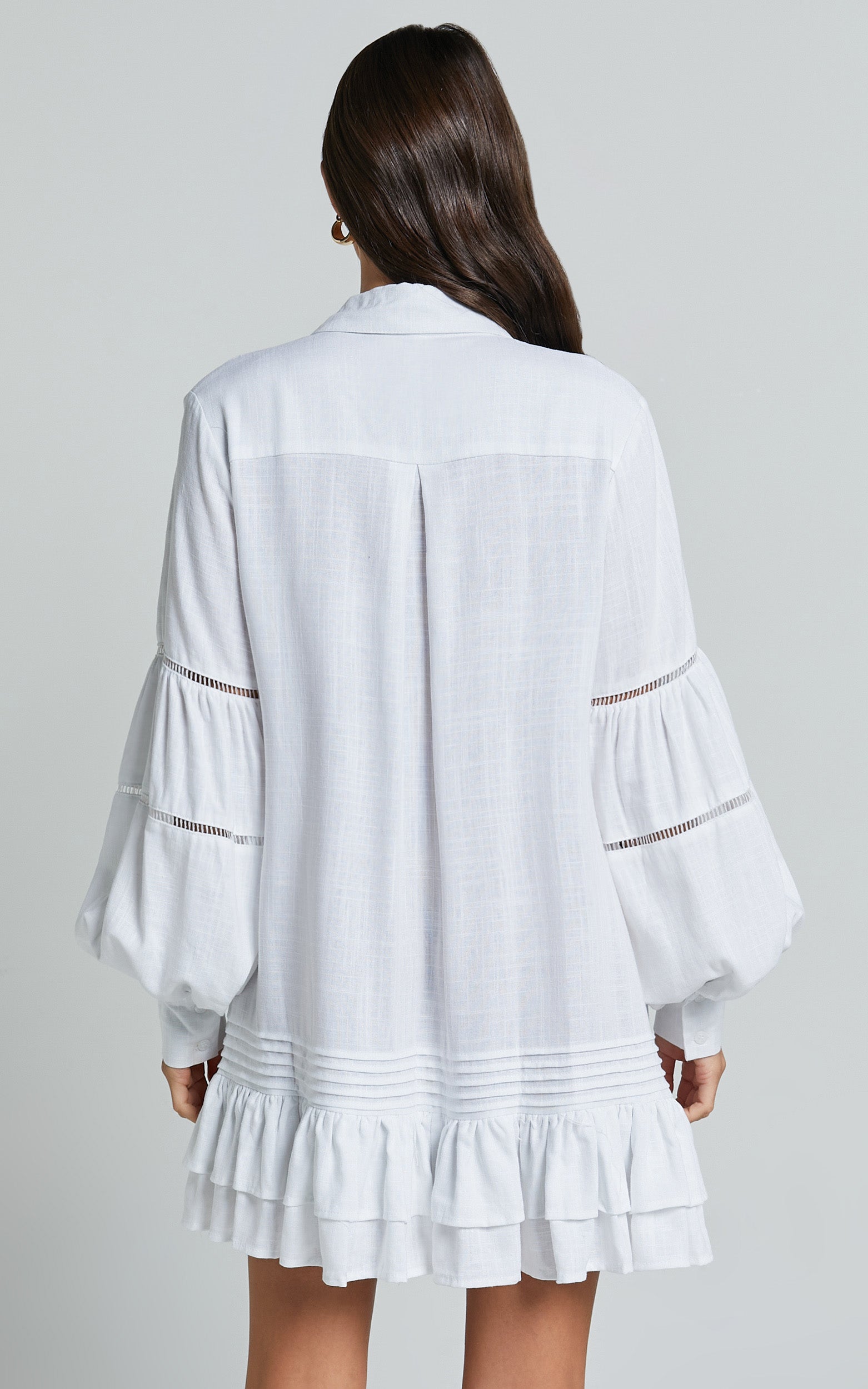 Edna Mini Dress - Linen Button Up Long Sleeve Shirt Dress in White