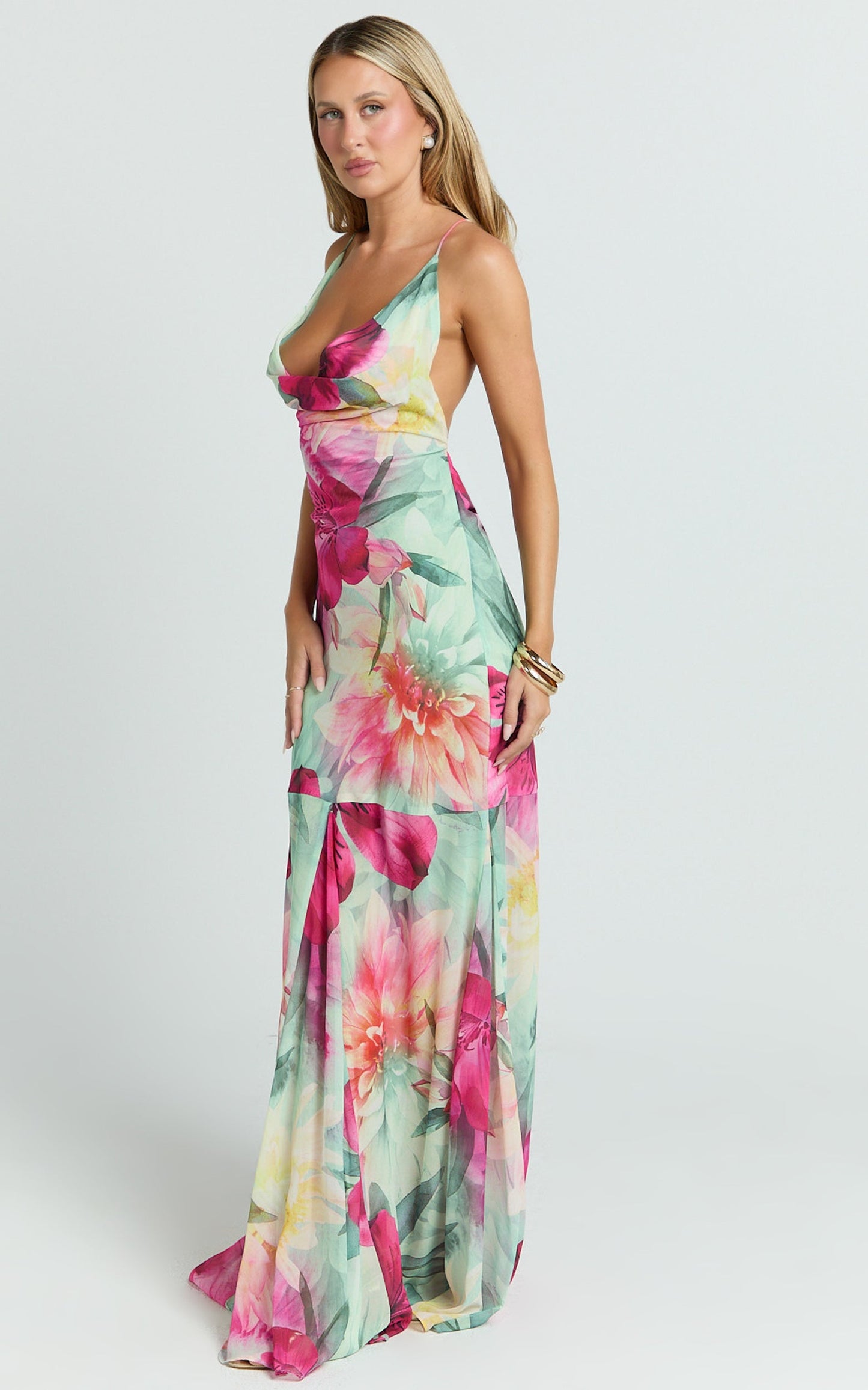 Edwina Maxi Dress - Georgette Cowl Neck Sheer Skirt Dress in Abstract Floral