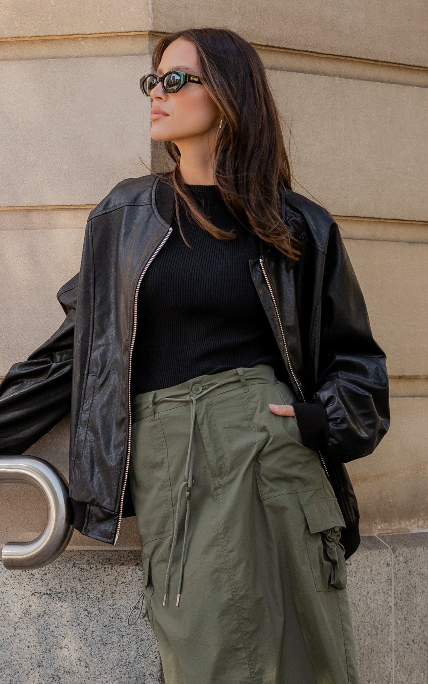 Edzelith Jacket - Faux Leather Bomber Jacket in Black