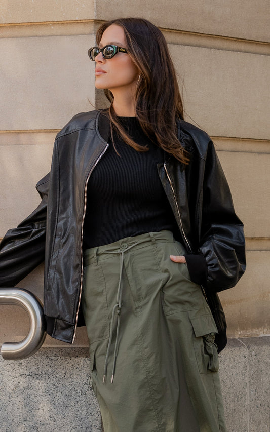 Edzelith Jacket - Faux Leather Bomber Jacket in Black