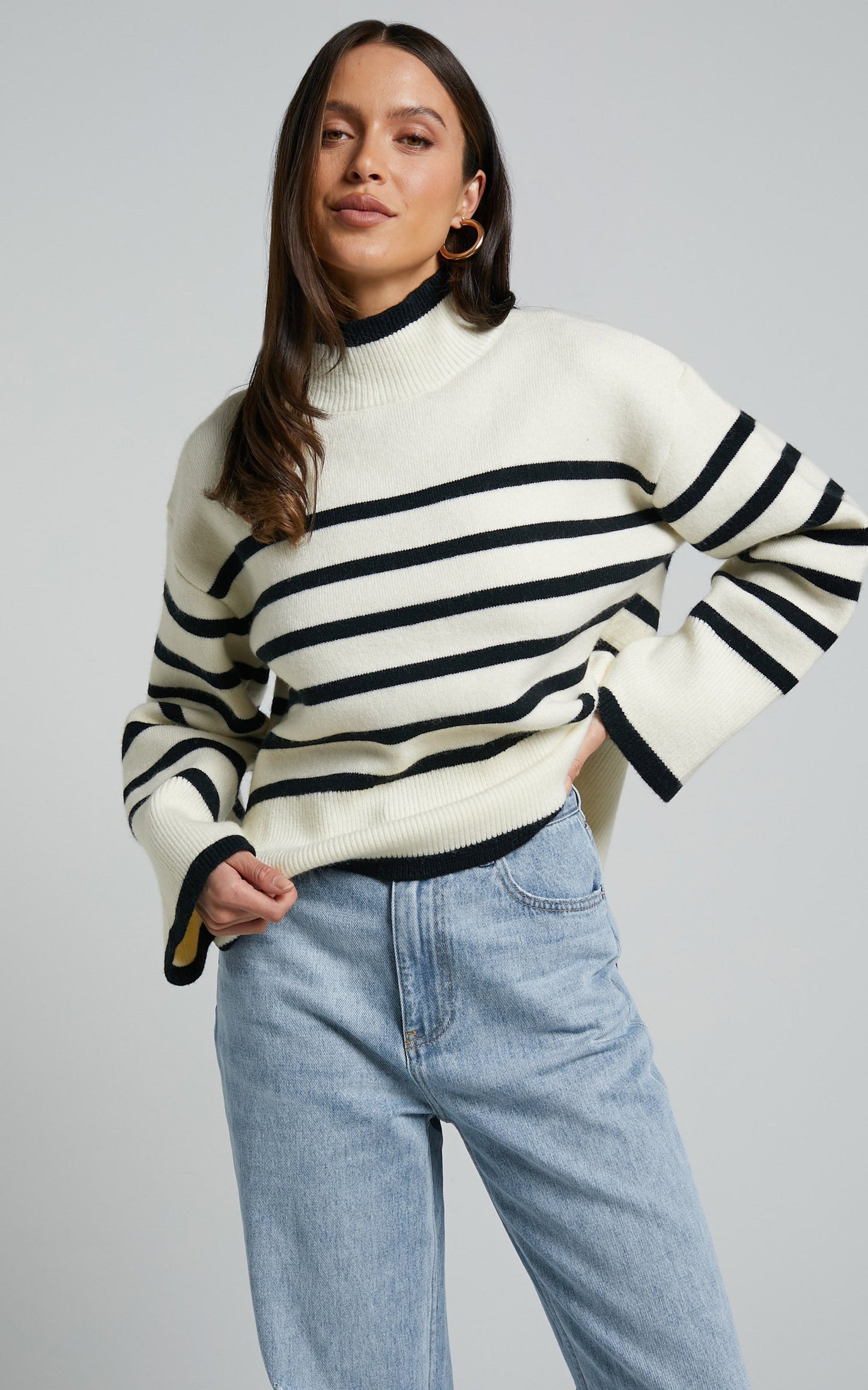 Ehliza Jumper - Mock Neck Wide Sleve Knit Jumper in Cream / Black
