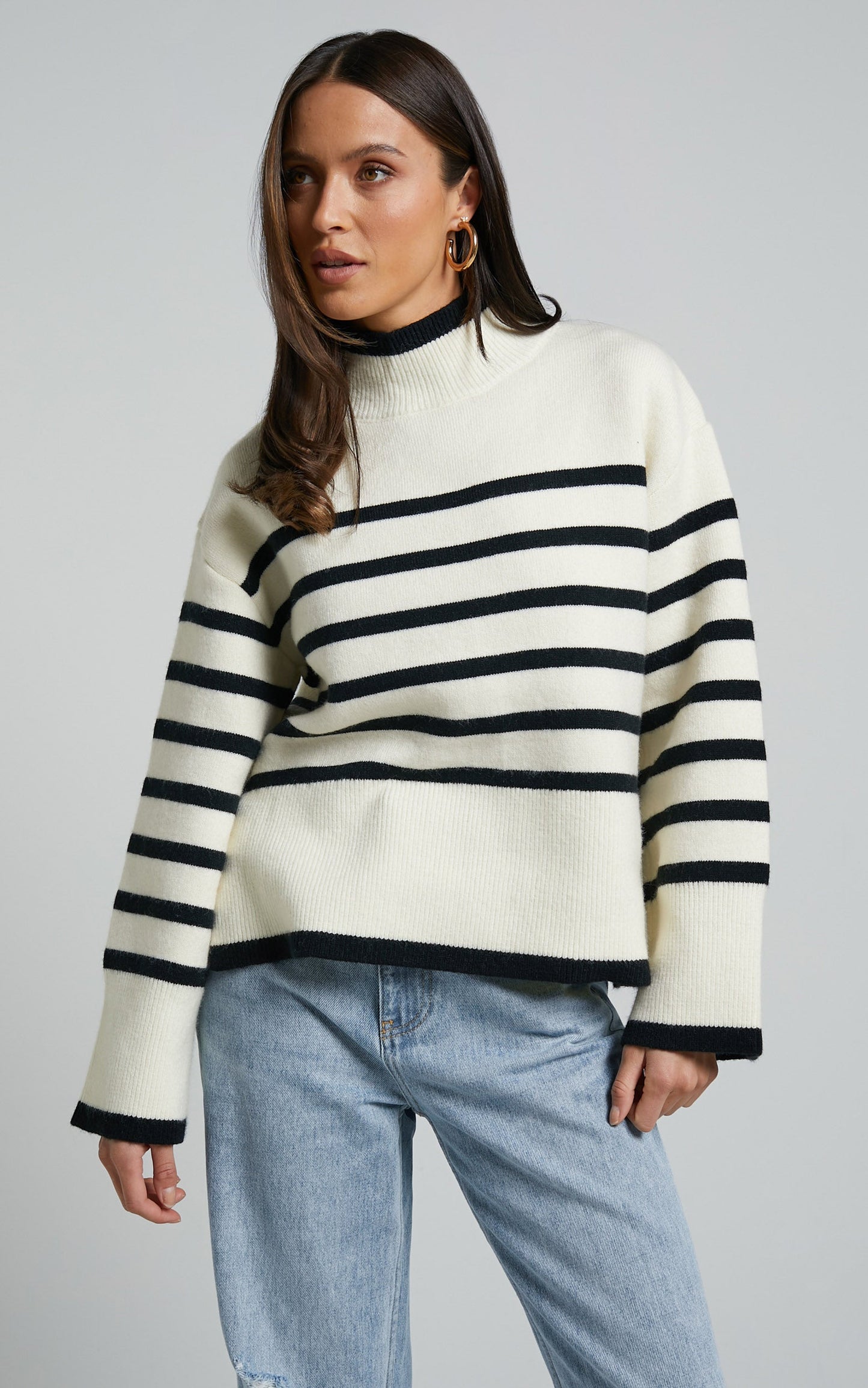Ehliza Jumper - Mock Neck Wide Sleve Knit Jumper in Cream / Black