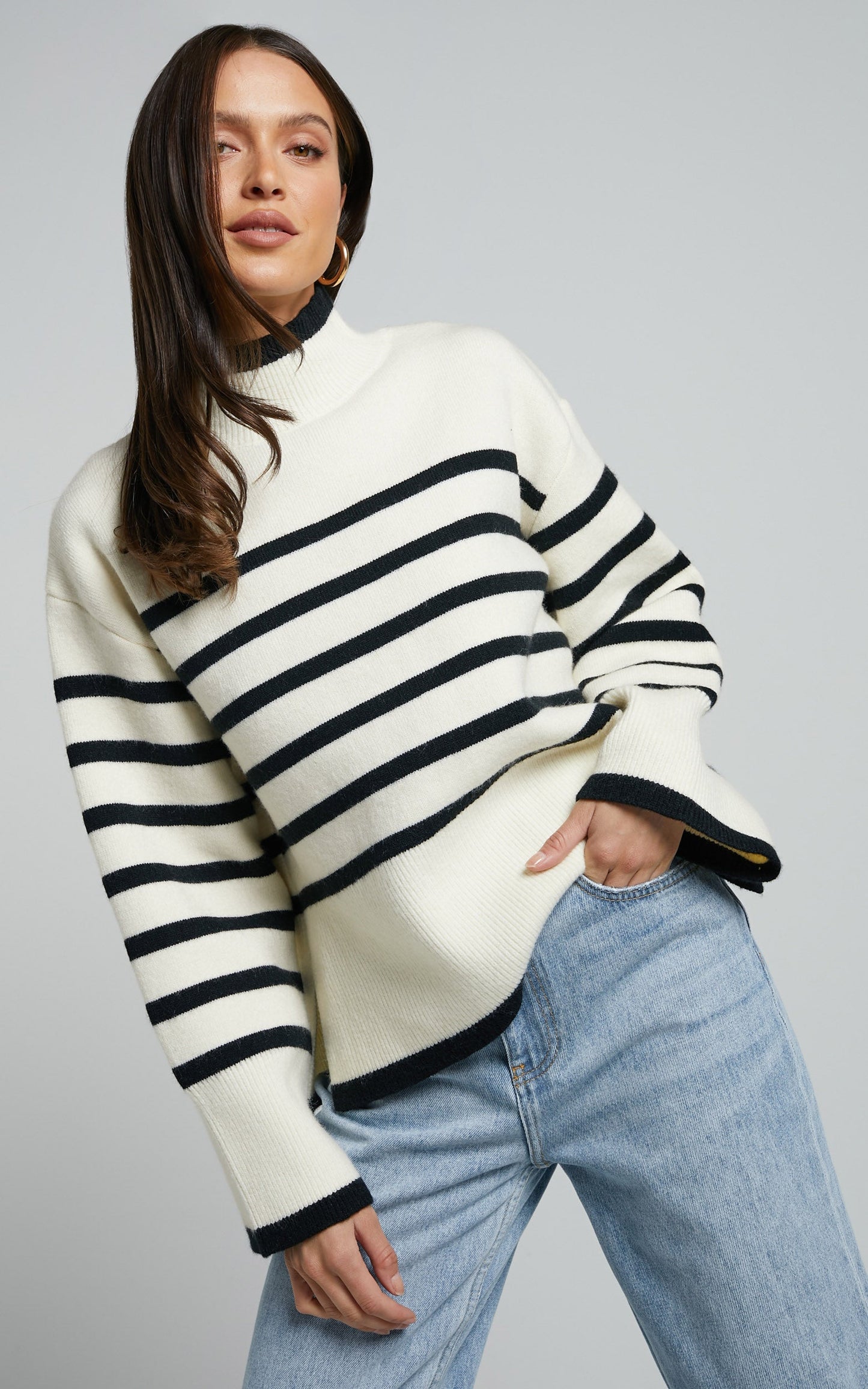 Ehliza Jumper - Mock Neck Wide Sleve Knit Jumper in Cream / Black