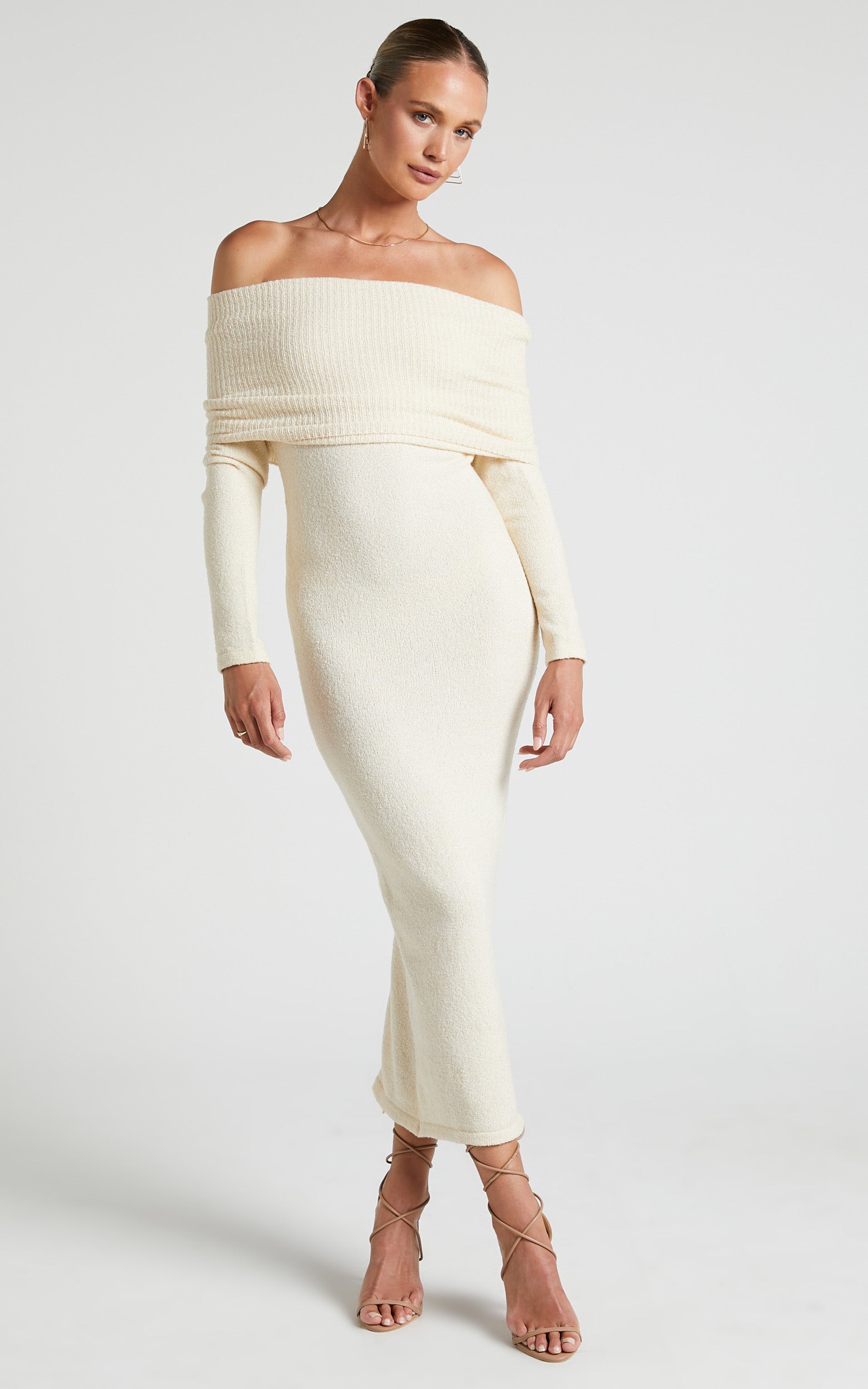 Ehmie Midi Dress - Knit Folded Off Shoulder Long Sleeve Dress in Natural