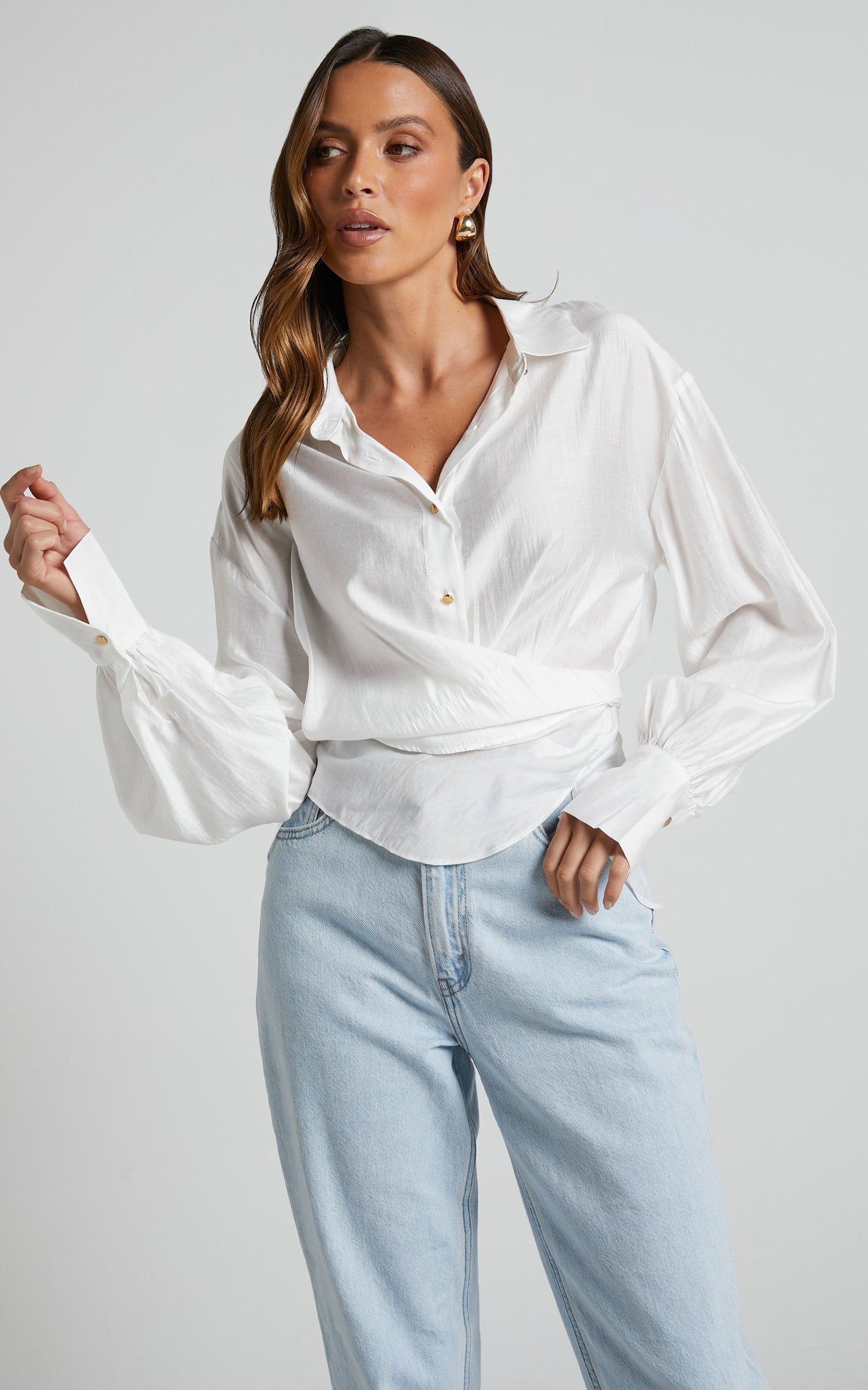 Ehrna Shirt - Twist Front Collared Long Sleeve Shirt in White