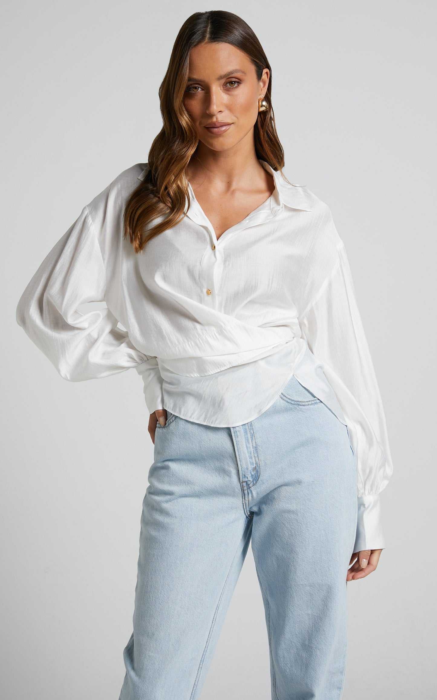 Ehrna Shirt - Twist Front Collared Long Sleeve Shirt in White