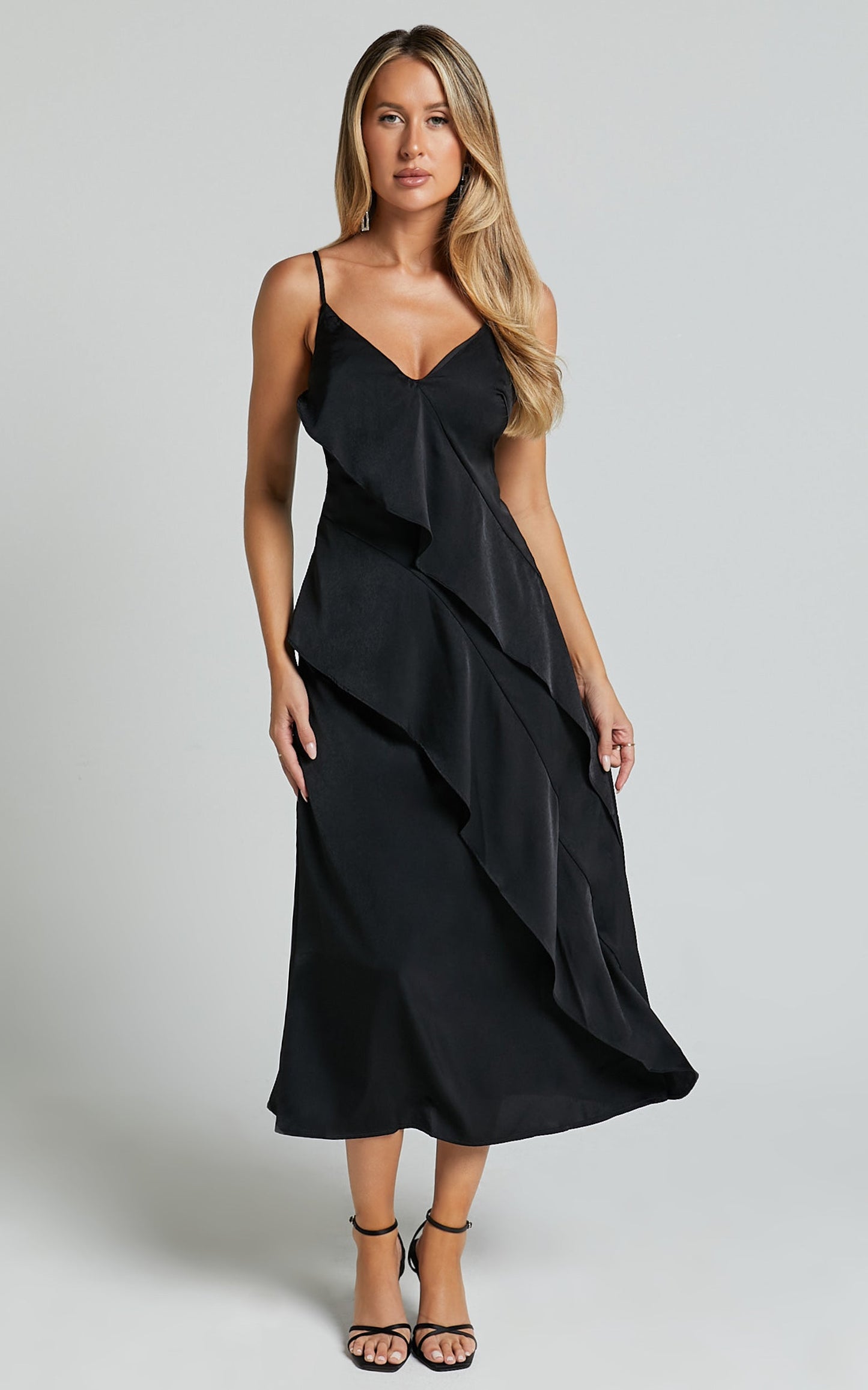 Eileen Midi Dress - V Neck Soft Ruffle Tiered Satin Dress in Black