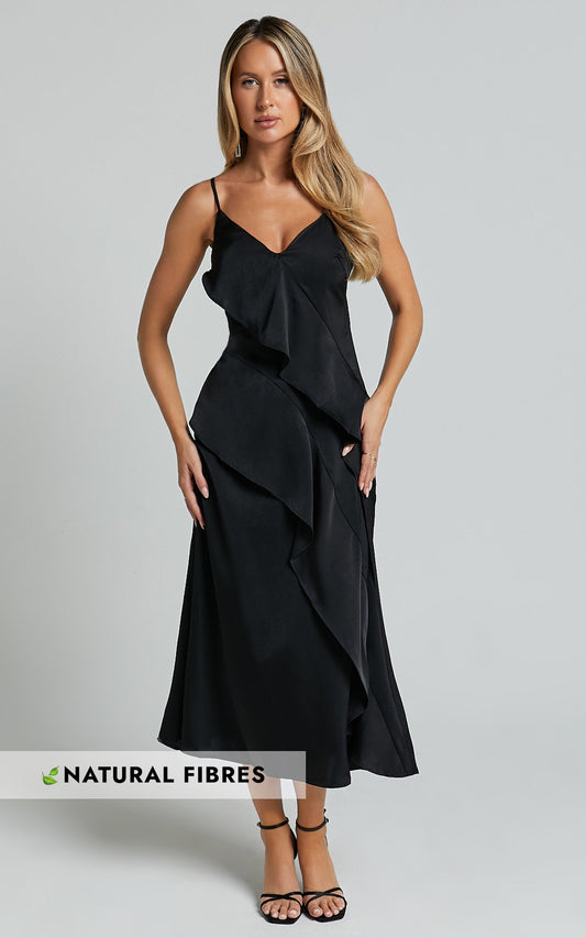 Eileen Midi Dress - V Neck Soft Ruffle Tiered Satin Dress in Black