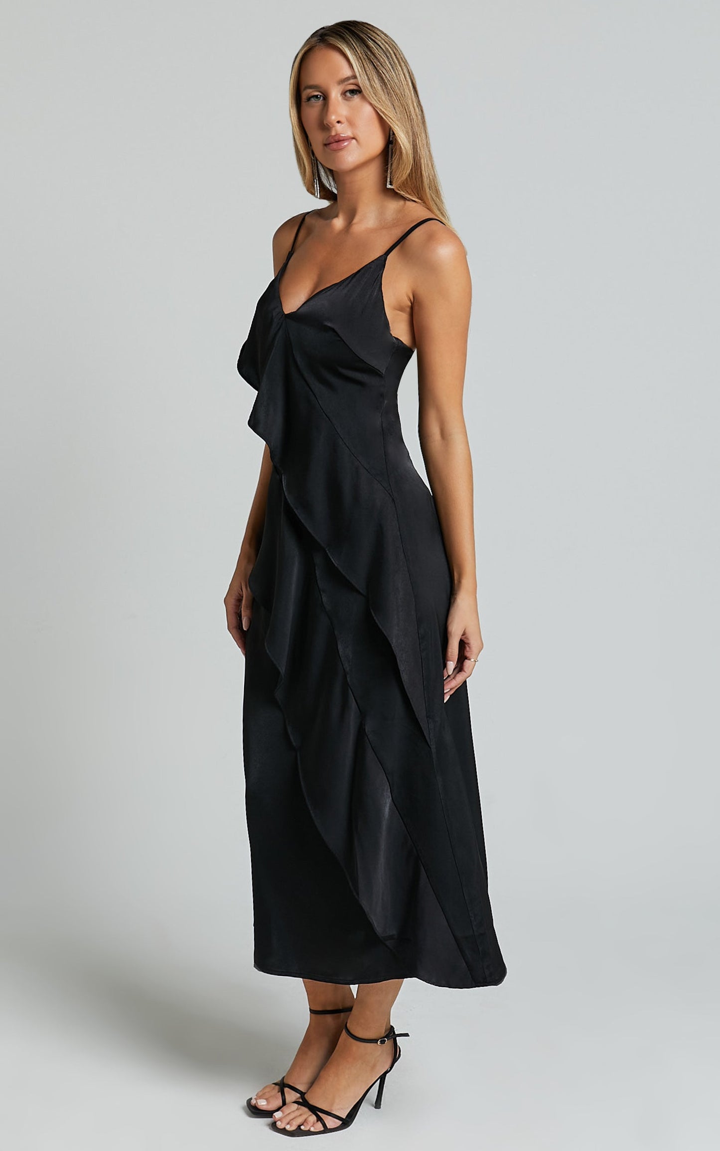 Eileen Midi Dress - V Neck Soft Ruffle Tiered Satin Dress in Black