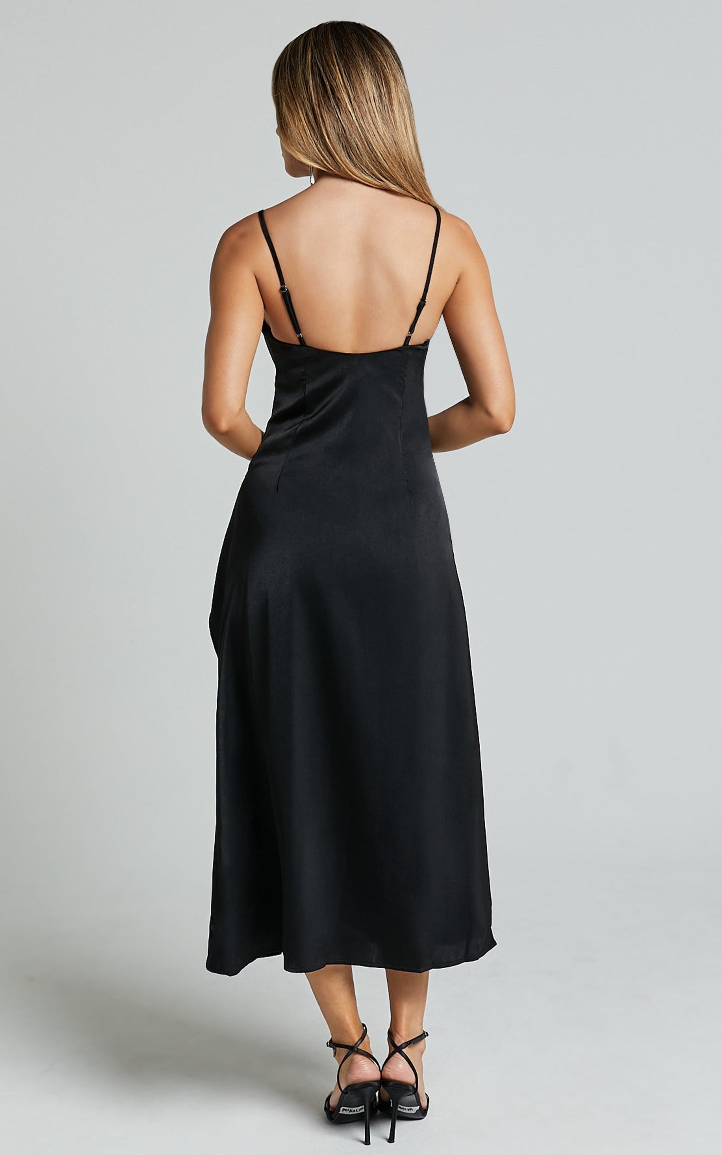 Eileen Midi Dress - V Neck Soft Ruffle Tiered Satin Dress in Black
