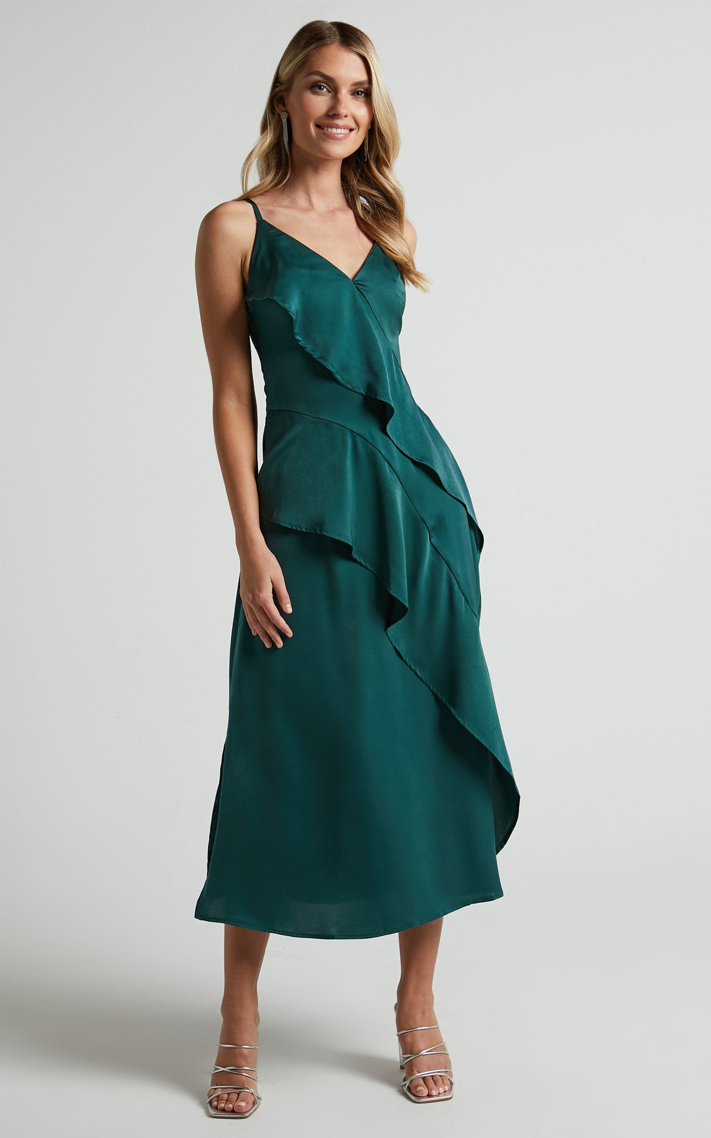 Eileen Midi Dress - V Neck Soft Ruffle Tiered Satin Dress in Emerald