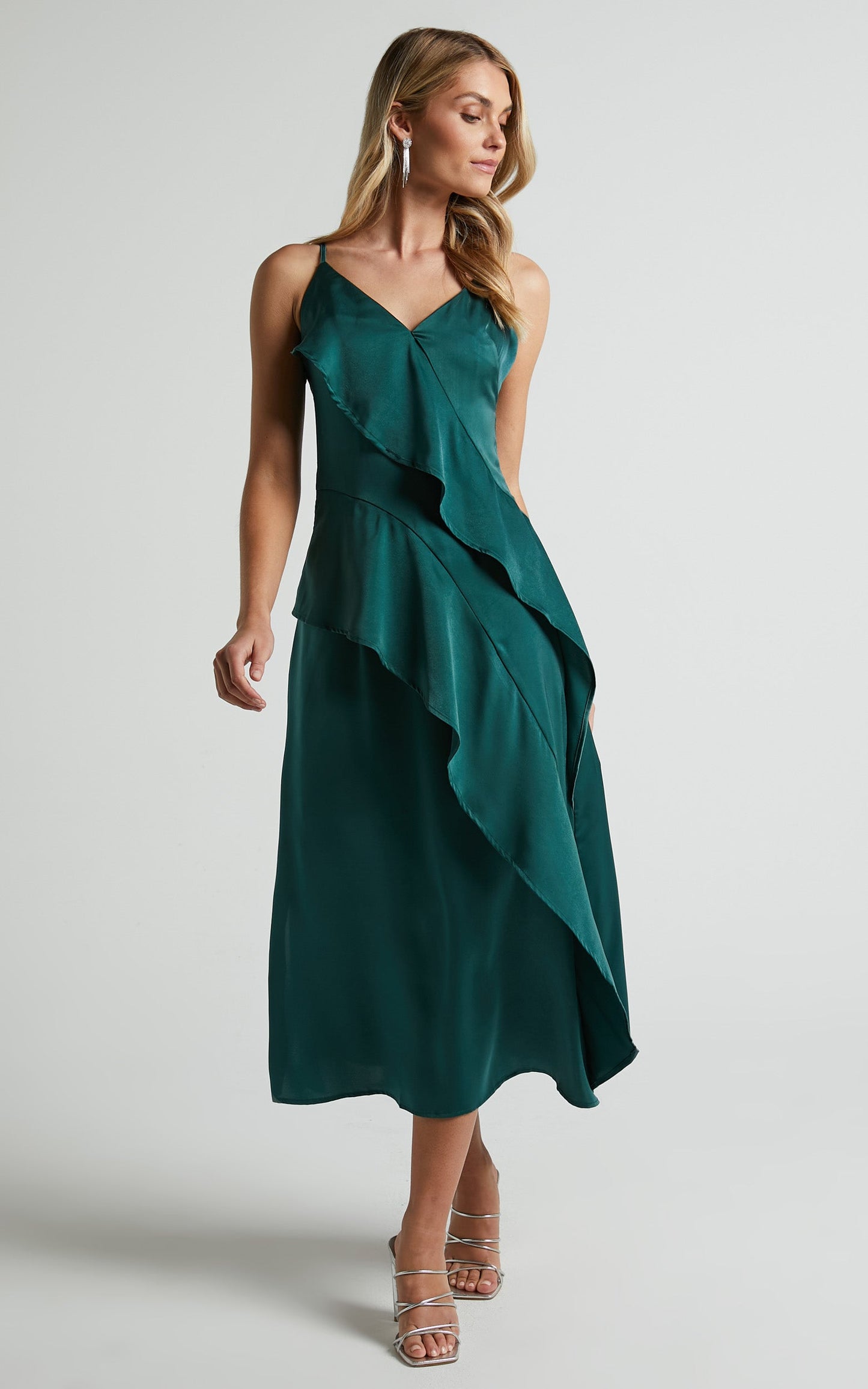 Eileen Midi Dress - V Neck Soft Ruffle Tiered Satin Dress in Emerald