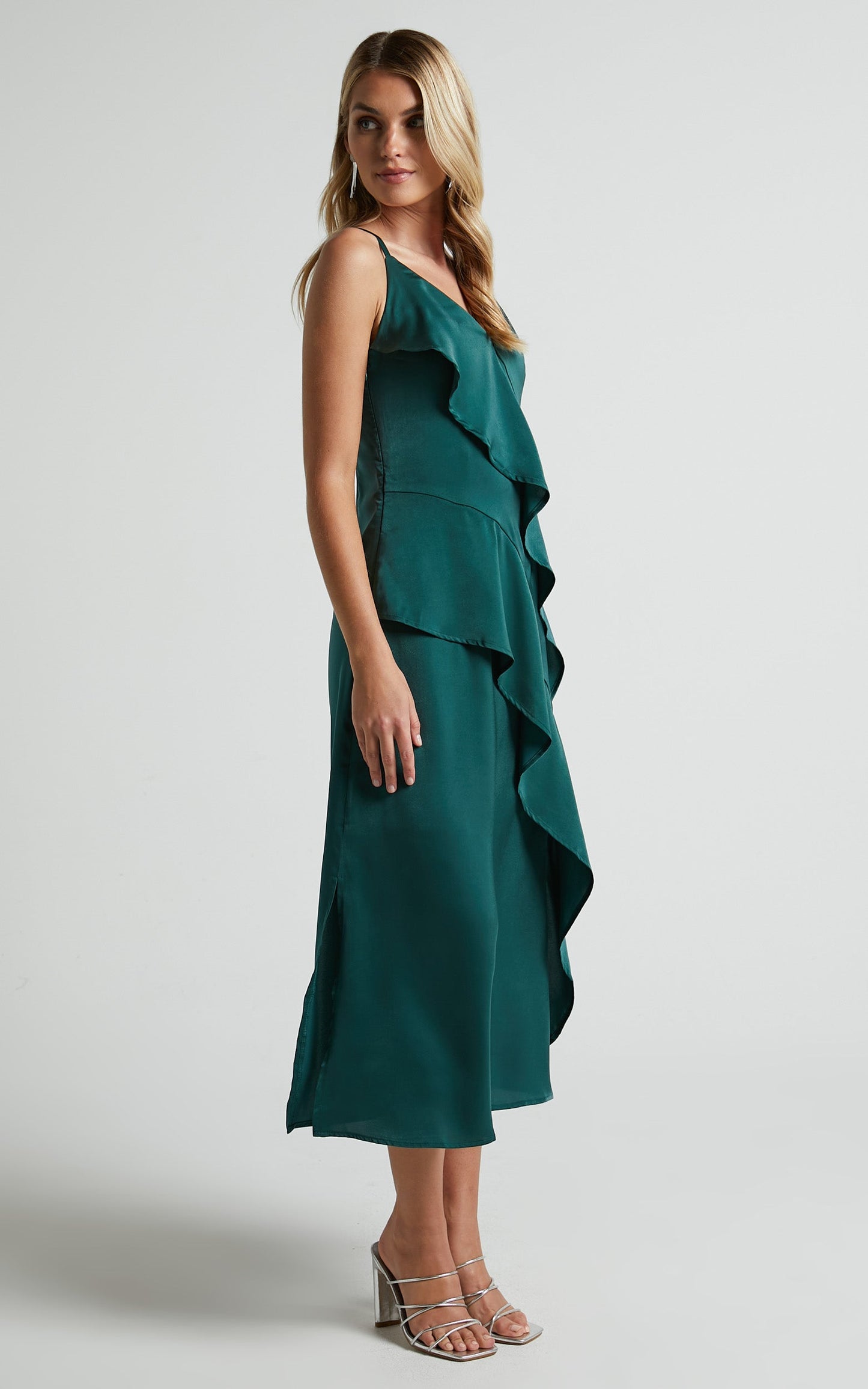 Eileen Midi Dress - V Neck Soft Ruffle Tiered Satin Dress in Emerald