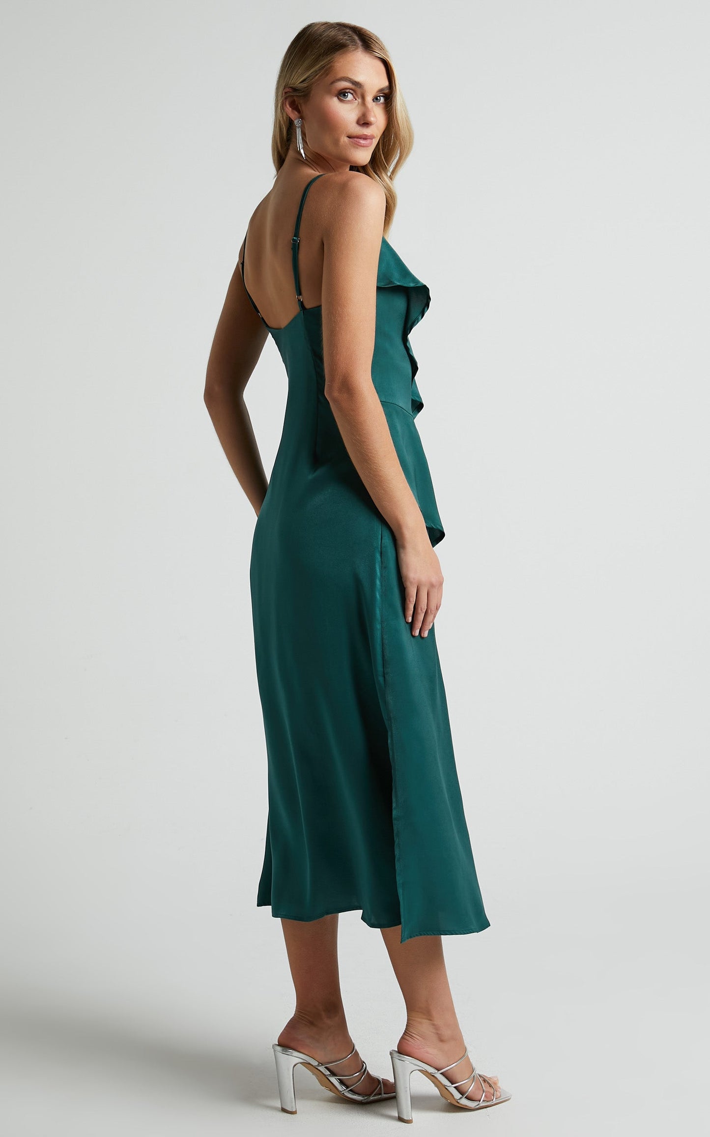 Eileen Midi Dress - V Neck Soft Ruffle Tiered Satin Dress in Emerald