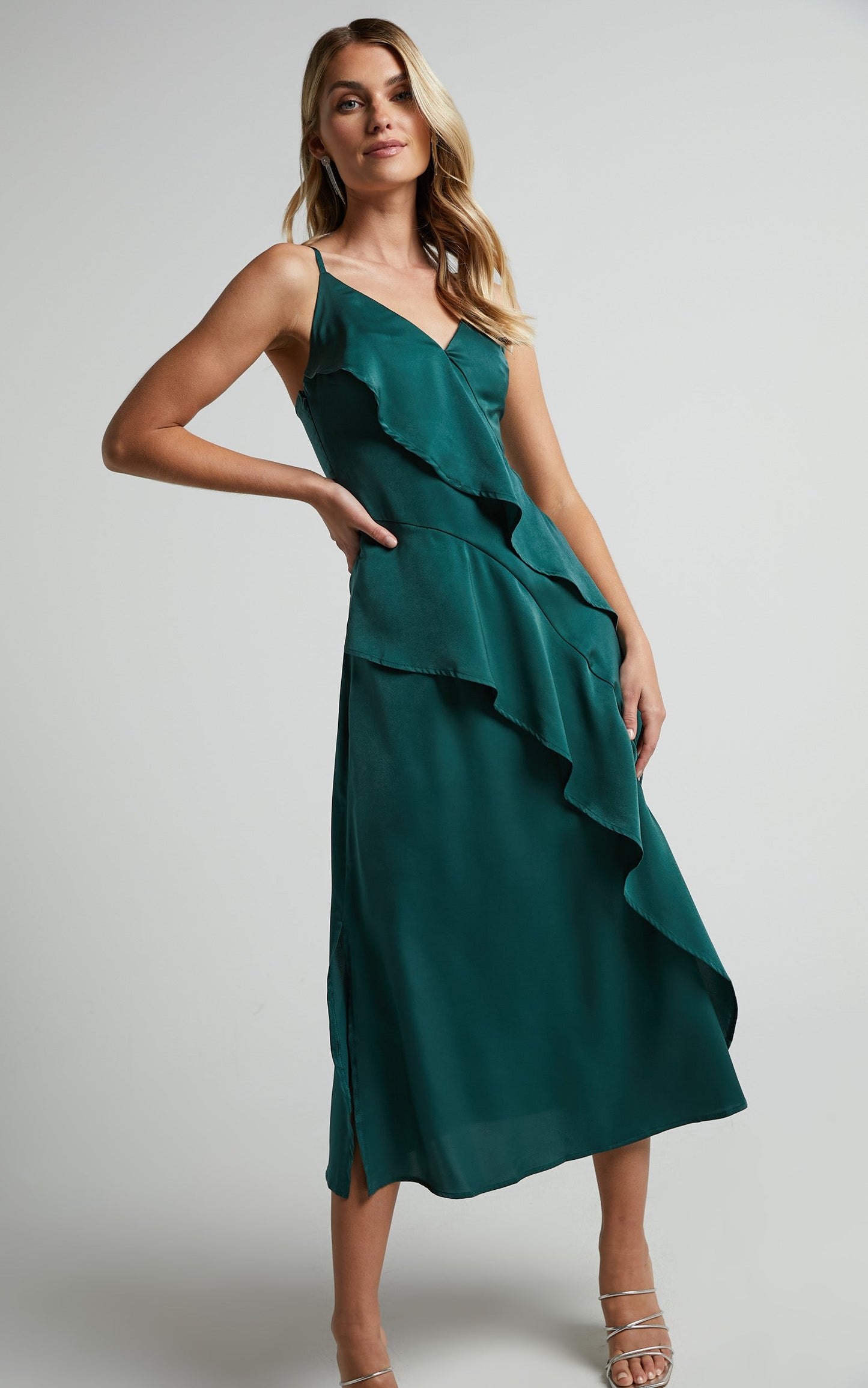 Eileen Midi Dress - V Neck Soft Ruffle Tiered Satin Dress in Emerald