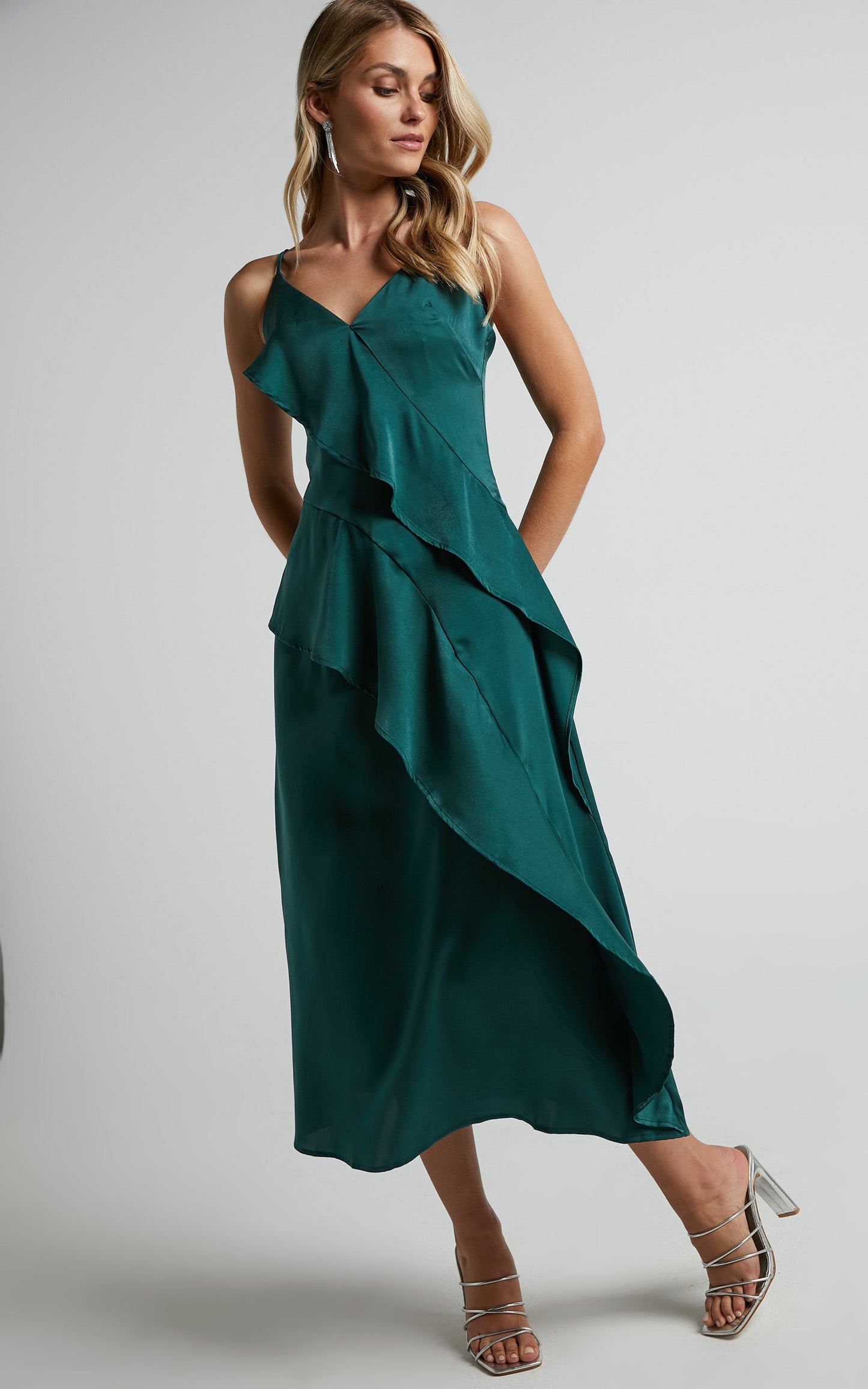 Eileen Midi Dress - V Neck Soft Ruffle Tiered Satin Dress in Emerald