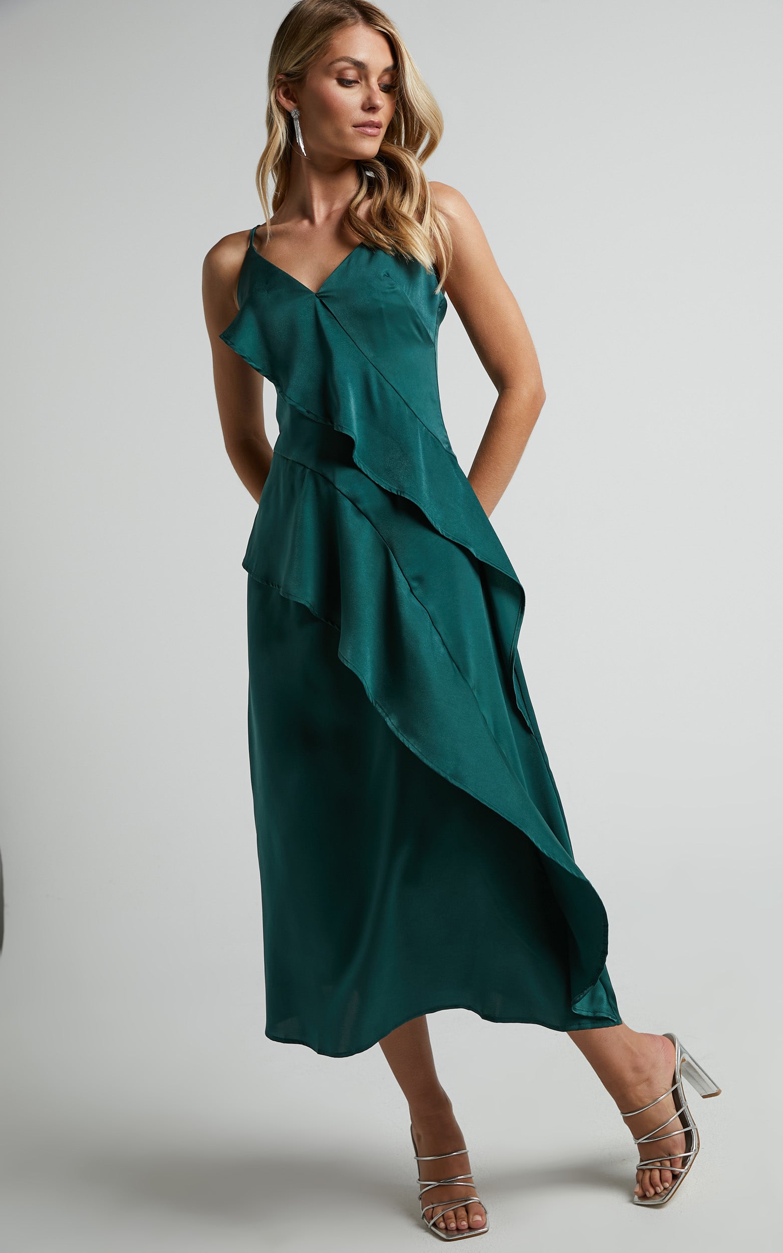Eileen Midi Dress - V Neck Soft Ruffle Tiered Satin Dress in Emerald