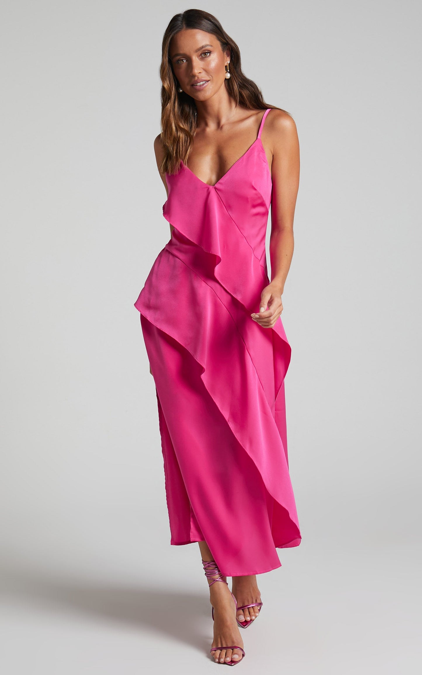 Eileen Midi Dress - V Neck Soft Ruffle Tiered Satin Dress in Hot Pink