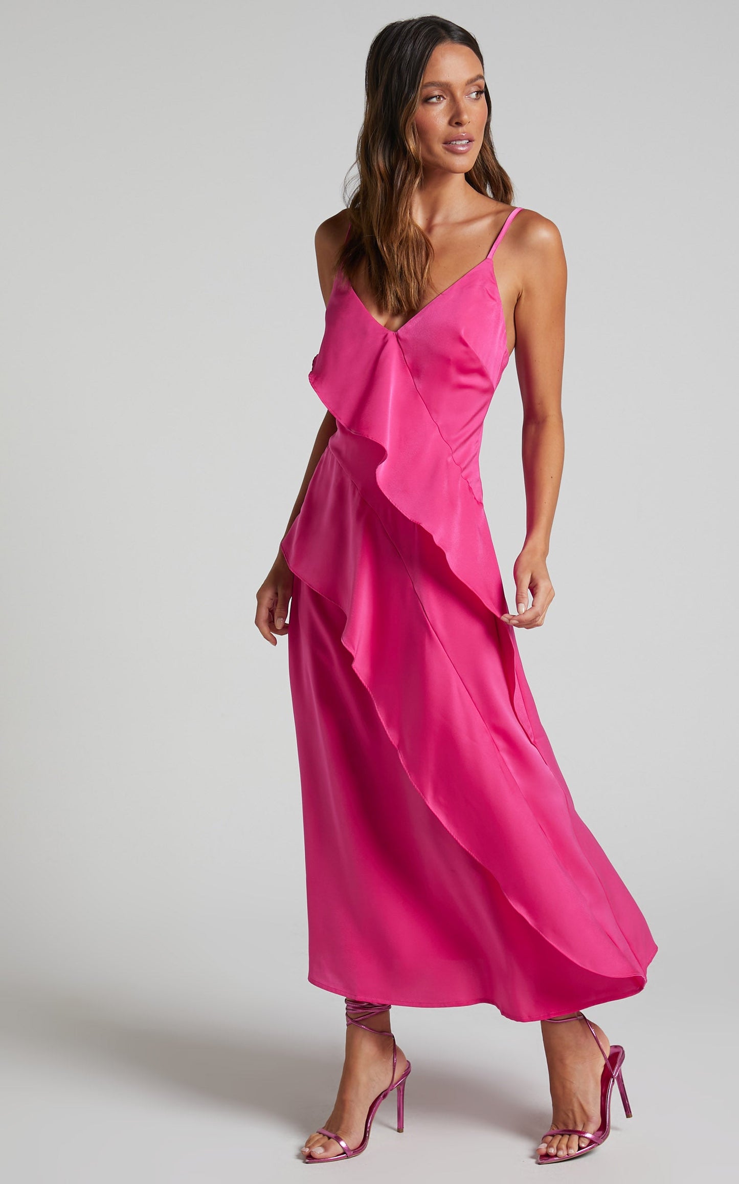 Eileen Midi Dress - V Neck Soft Ruffle Tiered Satin Dress in Hot Pink