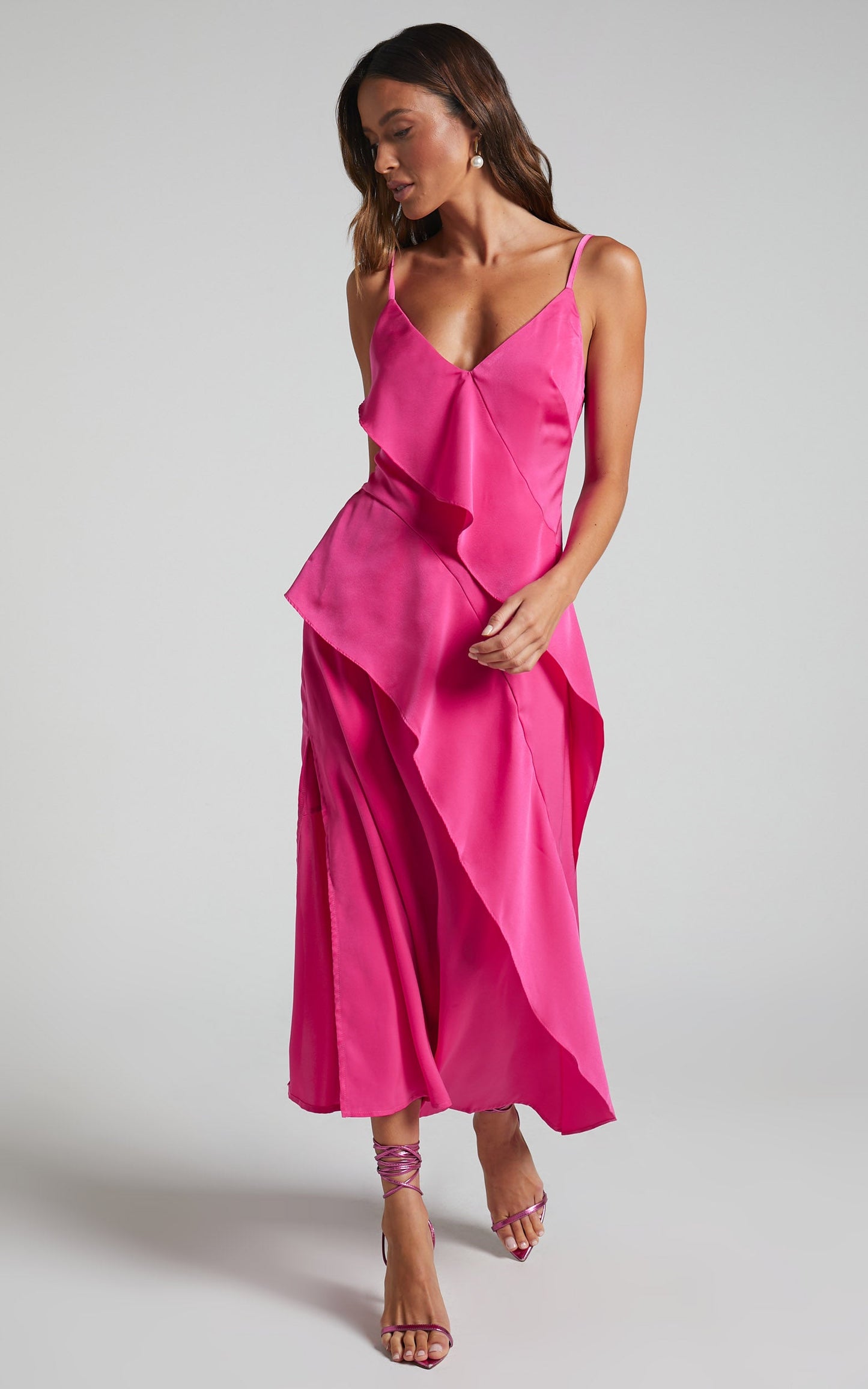 Eileen Midi Dress - V Neck Soft Ruffle Tiered Satin Dress in Hot Pink