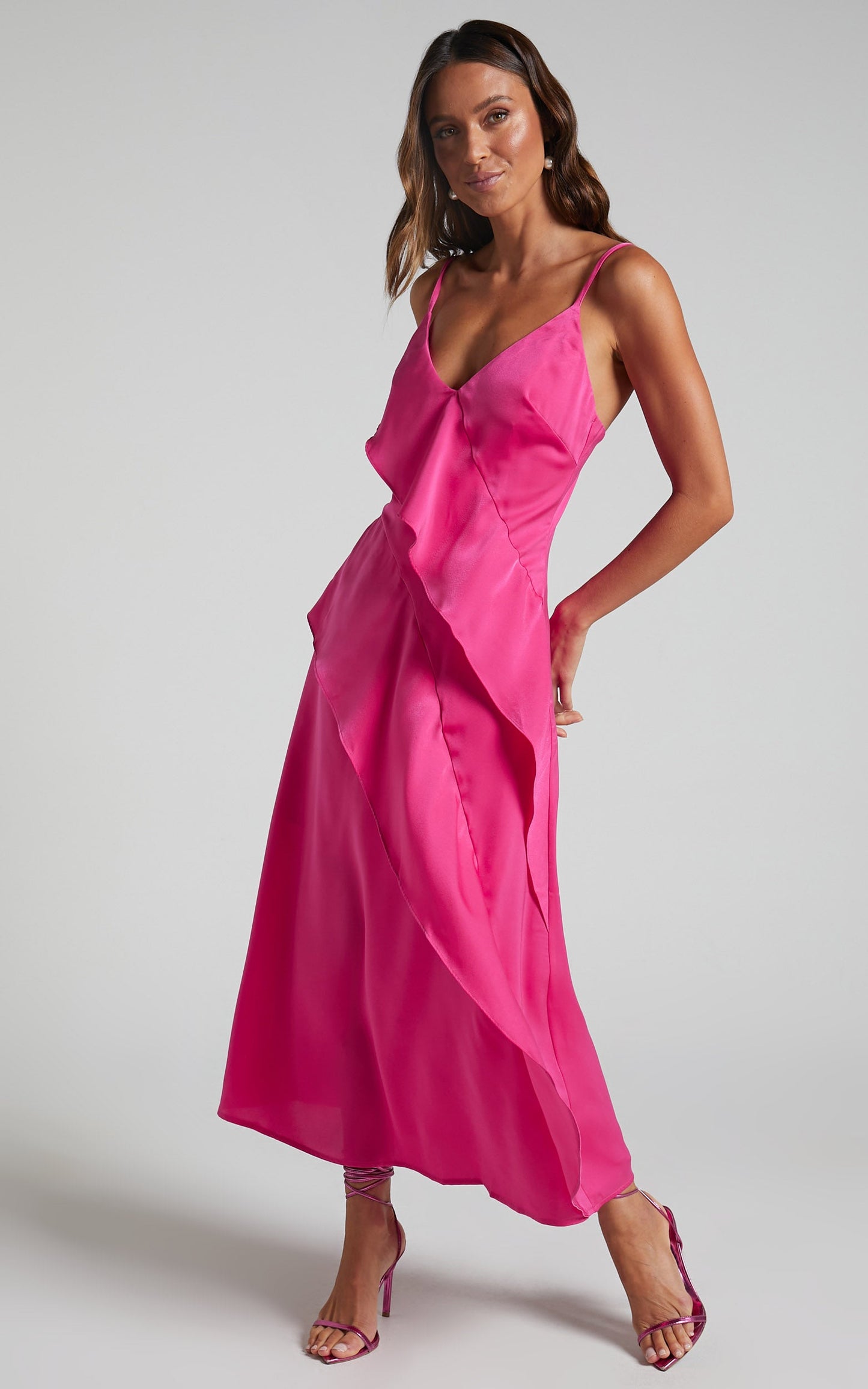 Eileen Midi Dress - V Neck Soft Ruffle Tiered Satin Dress in Hot Pink