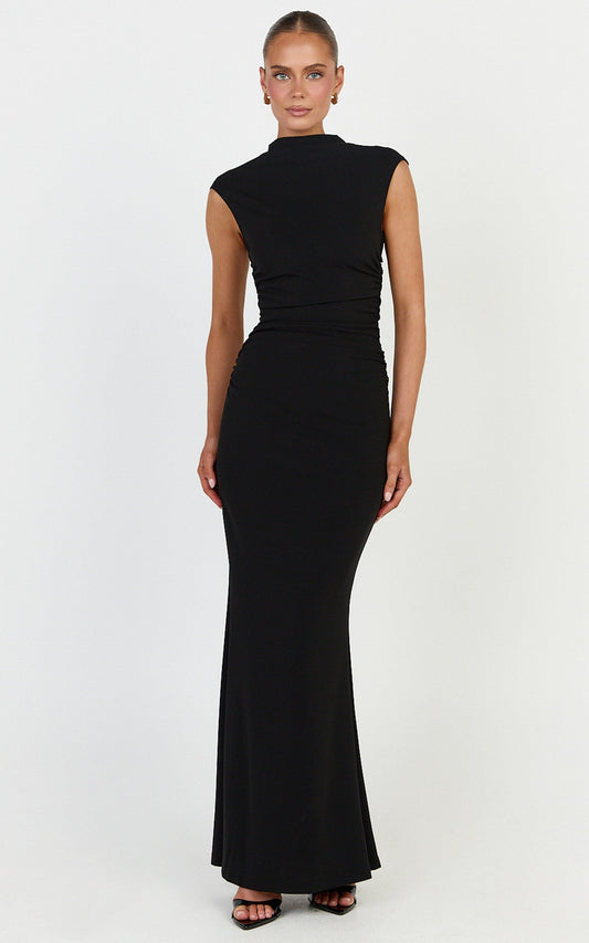 Eira Maxi Dress - High Neck Cap Sleeve Maxi Dress in Black