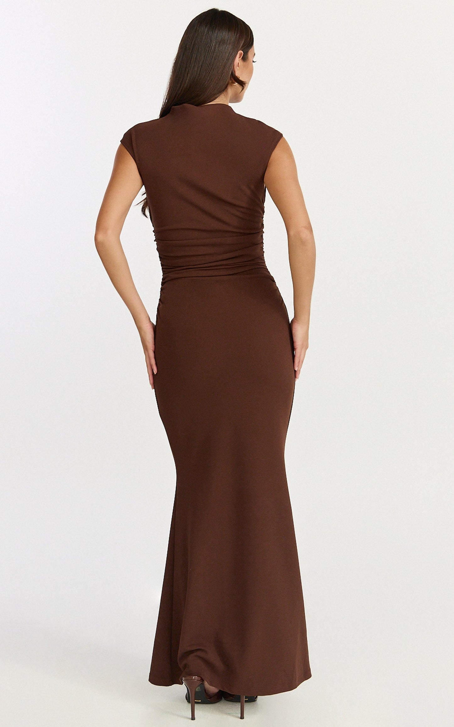 Eira Maxi Dress - High Neck Cap Sleeve Maxi Dress in Chocolate