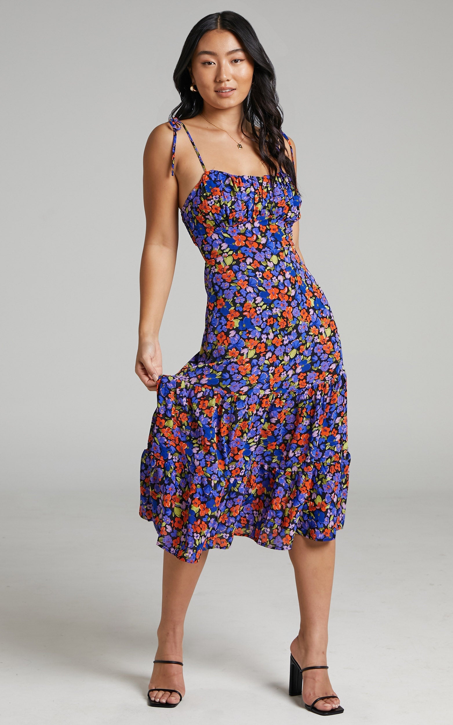 Eithna Midi Dress - Ruched Bust Strappy Dress in Dark Floral