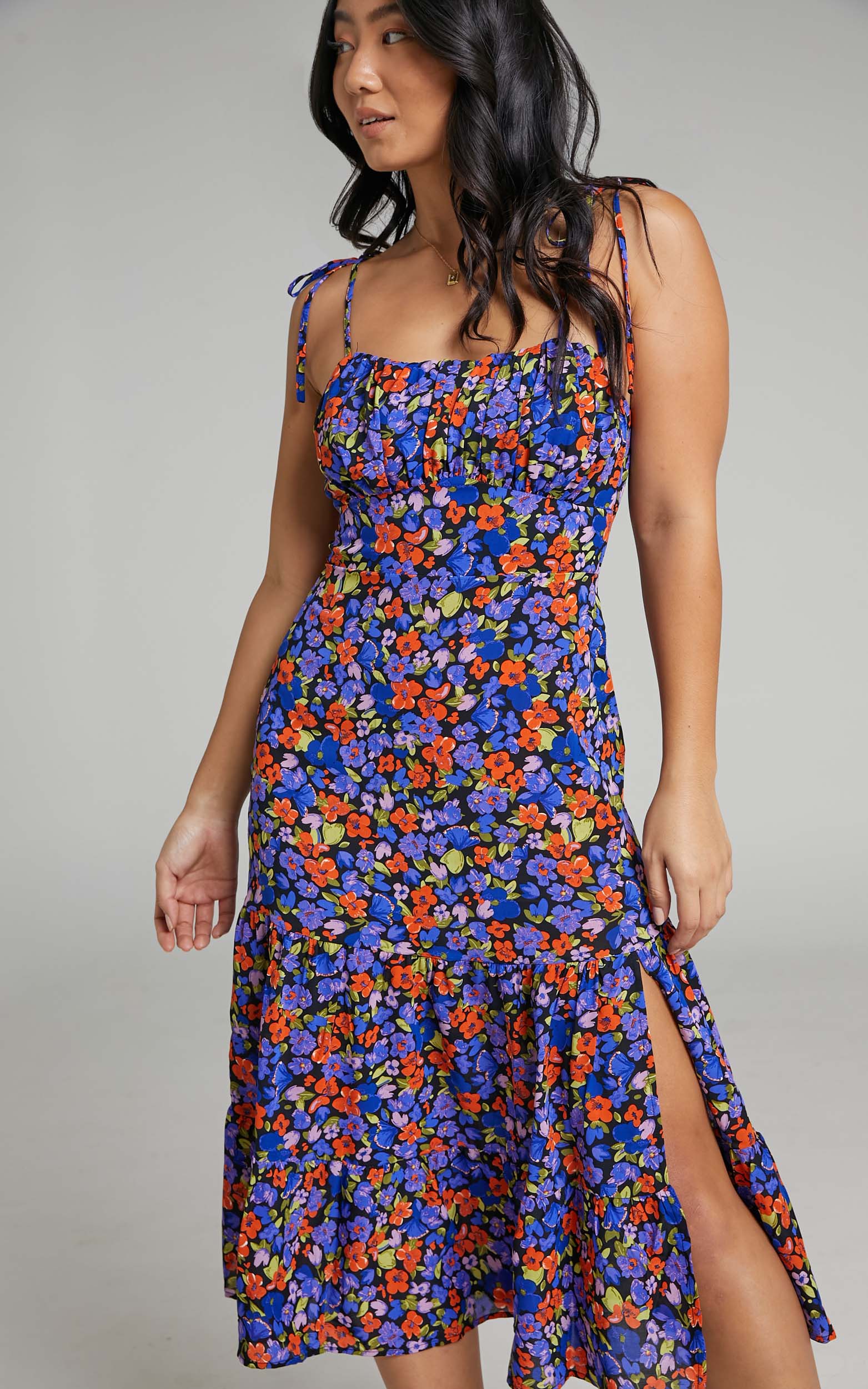 Eithna Midi Dress - Ruched Bust Strappy Dress in Dark Floral