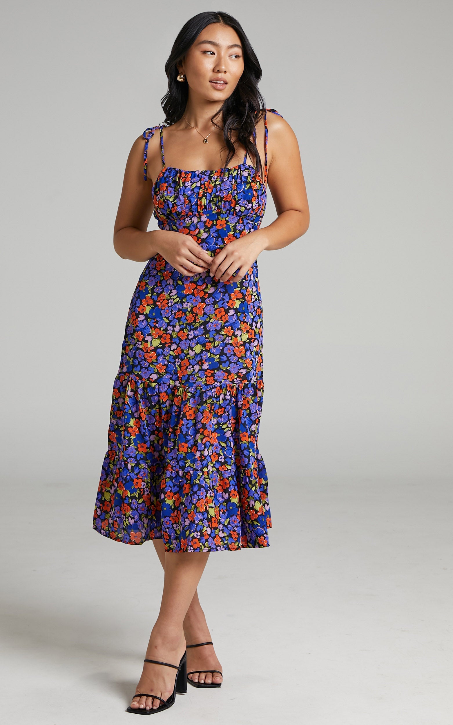 Eithna Midi Dress - Ruched Bust Strappy Dress in Dark Floral