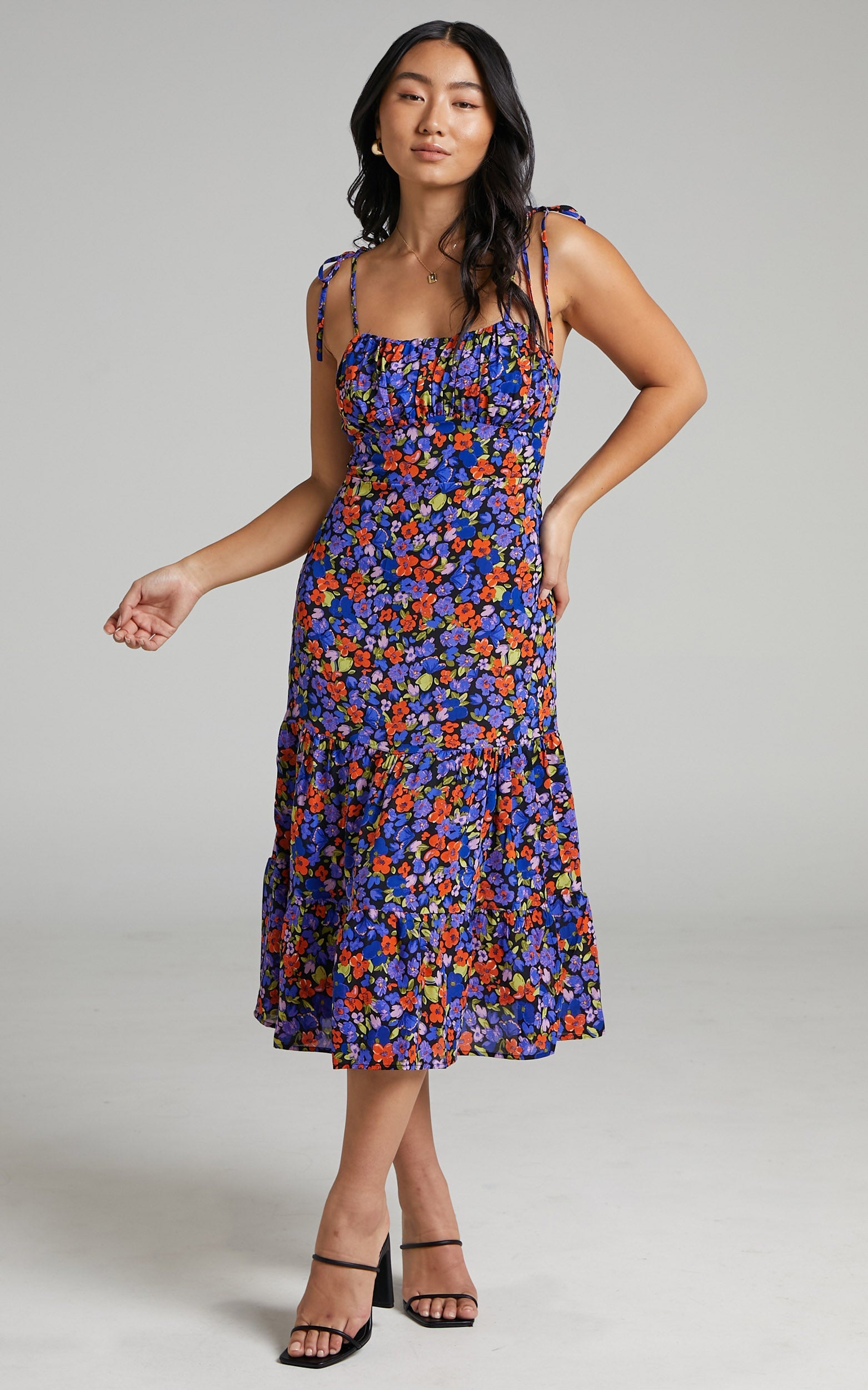 Eithna Midi Dress - Ruched Bust Strappy Dress in Dark Floral