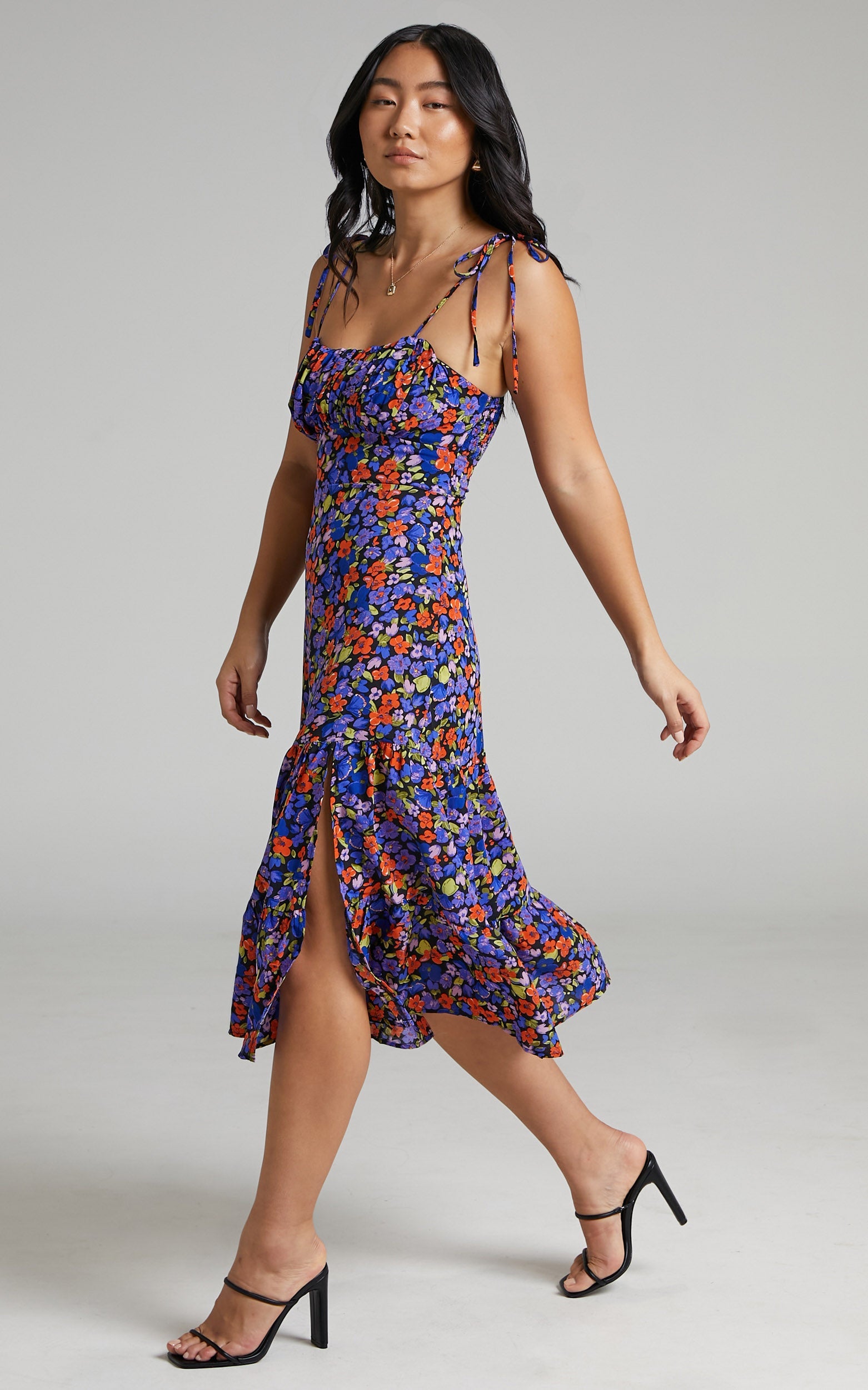 Eithna Midi Dress - Ruched Bust Strappy Dress in Dark Floral