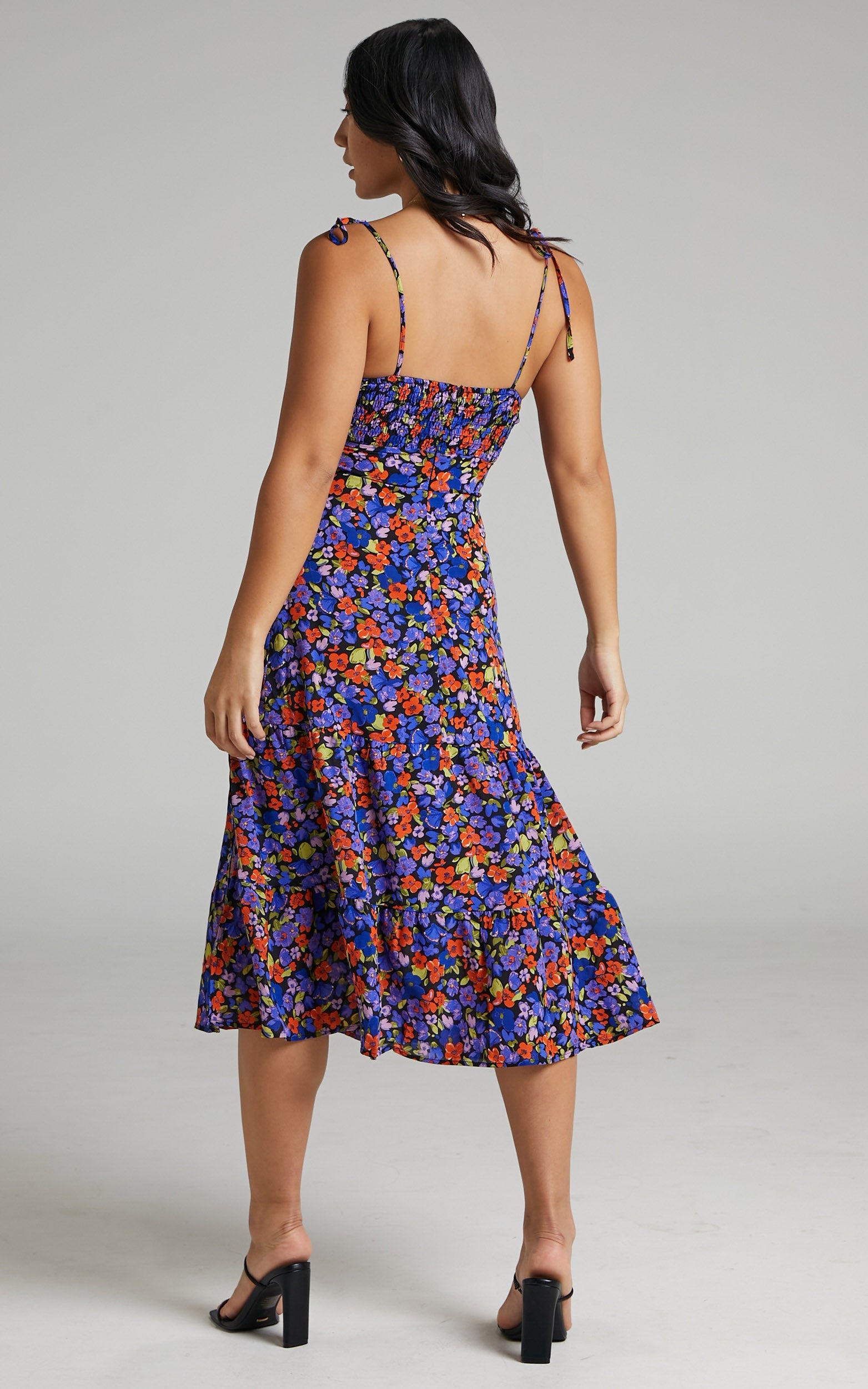 Eithna Midi Dress - Ruched Bust Strappy Dress in Dark Floral