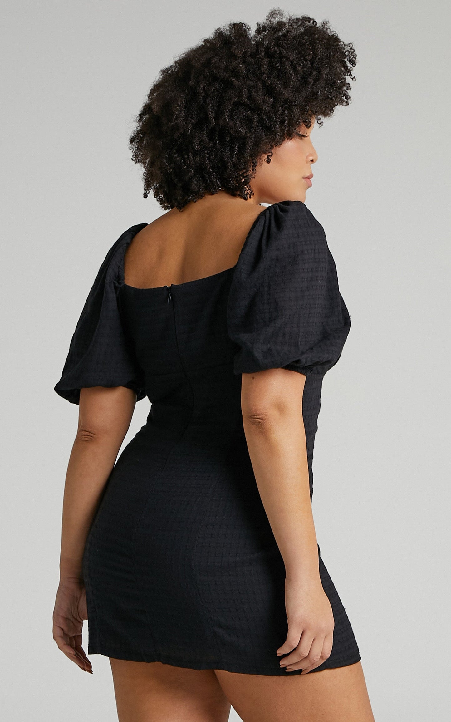 Electric Babe Mini Dress - Square Neck Puff Sleeve Dress in Black