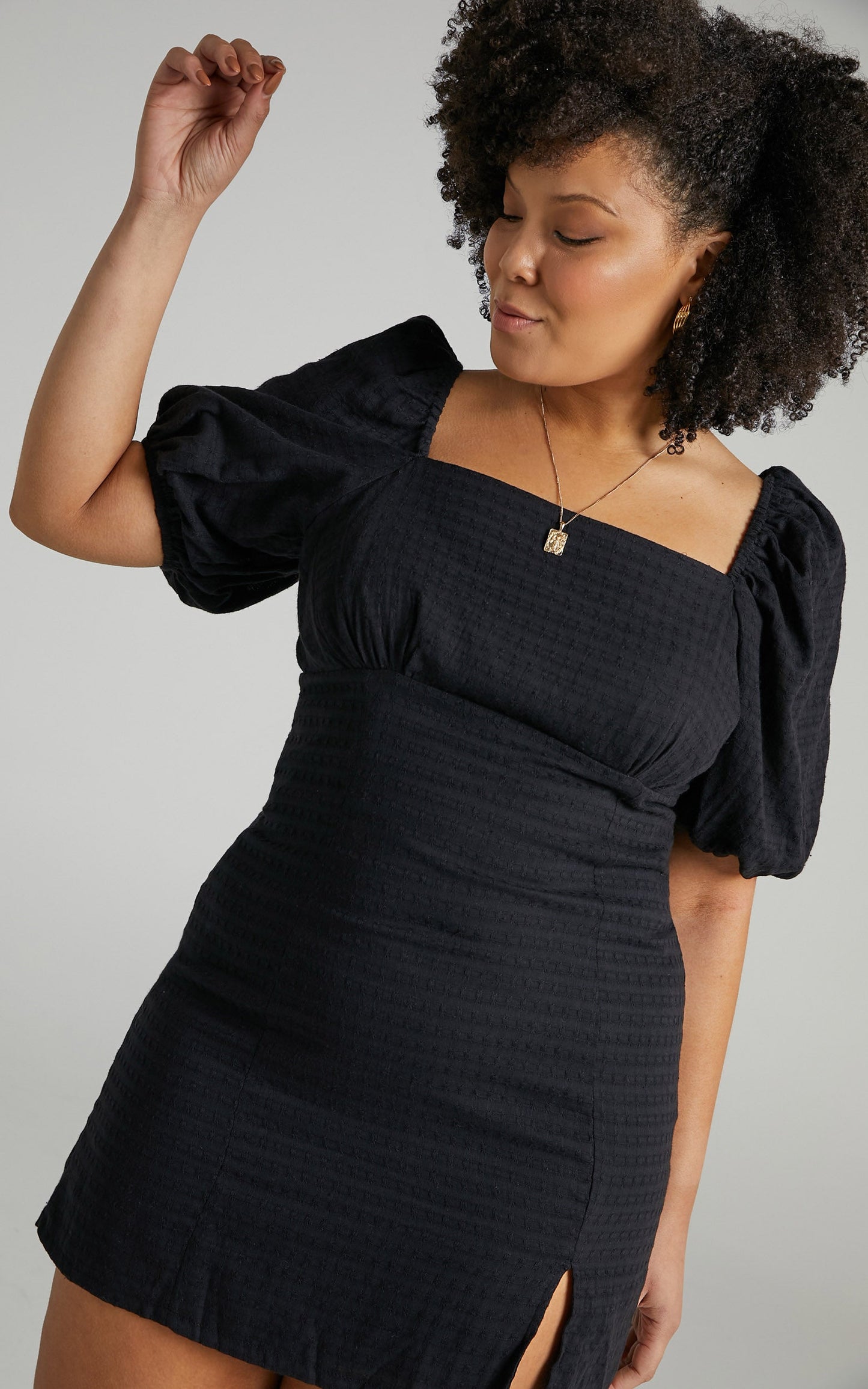 Electric Babe Mini Dress - Square Neck Puff Sleeve Dress in Black