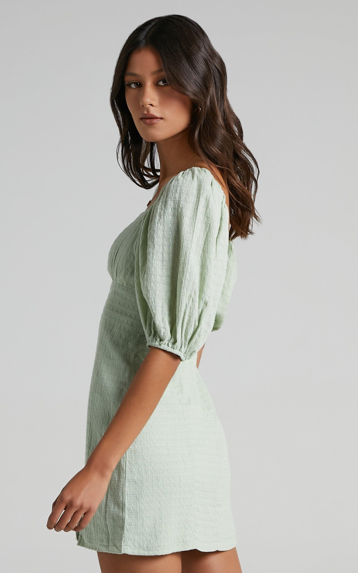 Electric Babe Square Neck Puff Sleeve Mini Dress in Sage