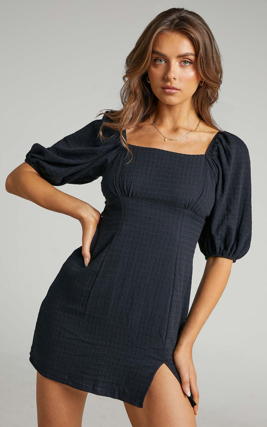 Electric Babe Mini Dress - Square Neck Puff Sleeve Dress in Black
