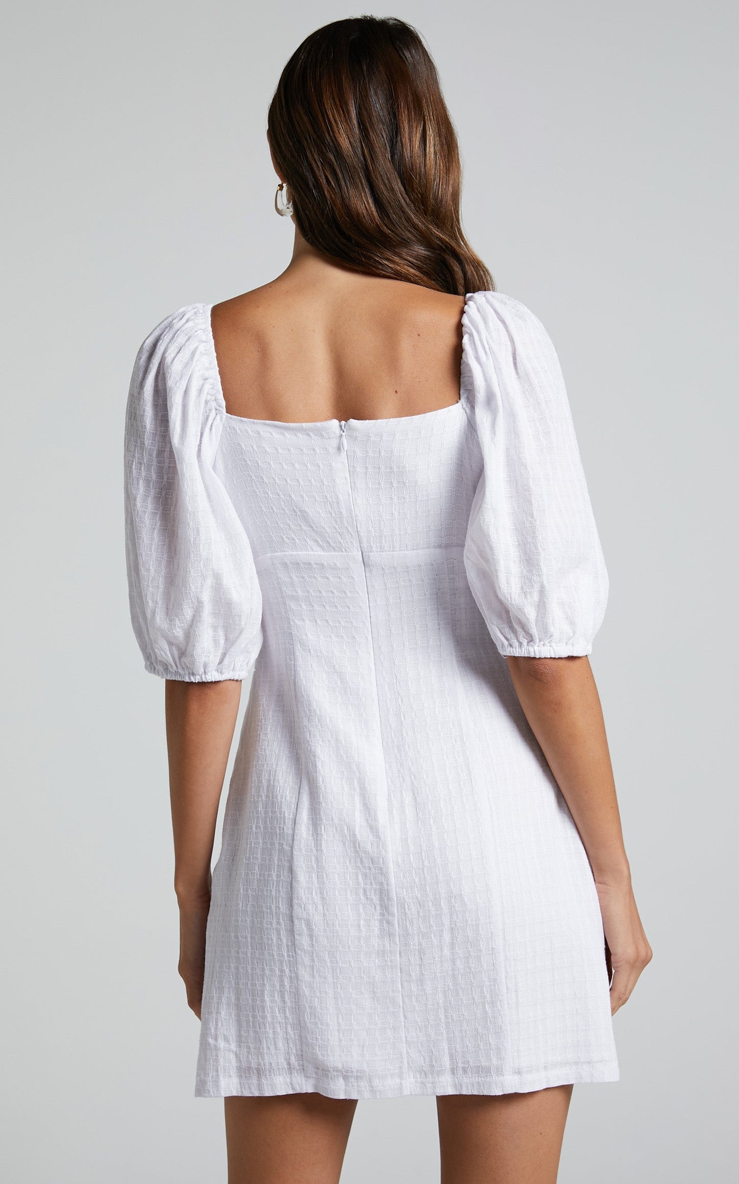 Electric Babe Mini Dress - Square Neck Puff Sleeve Dress in White