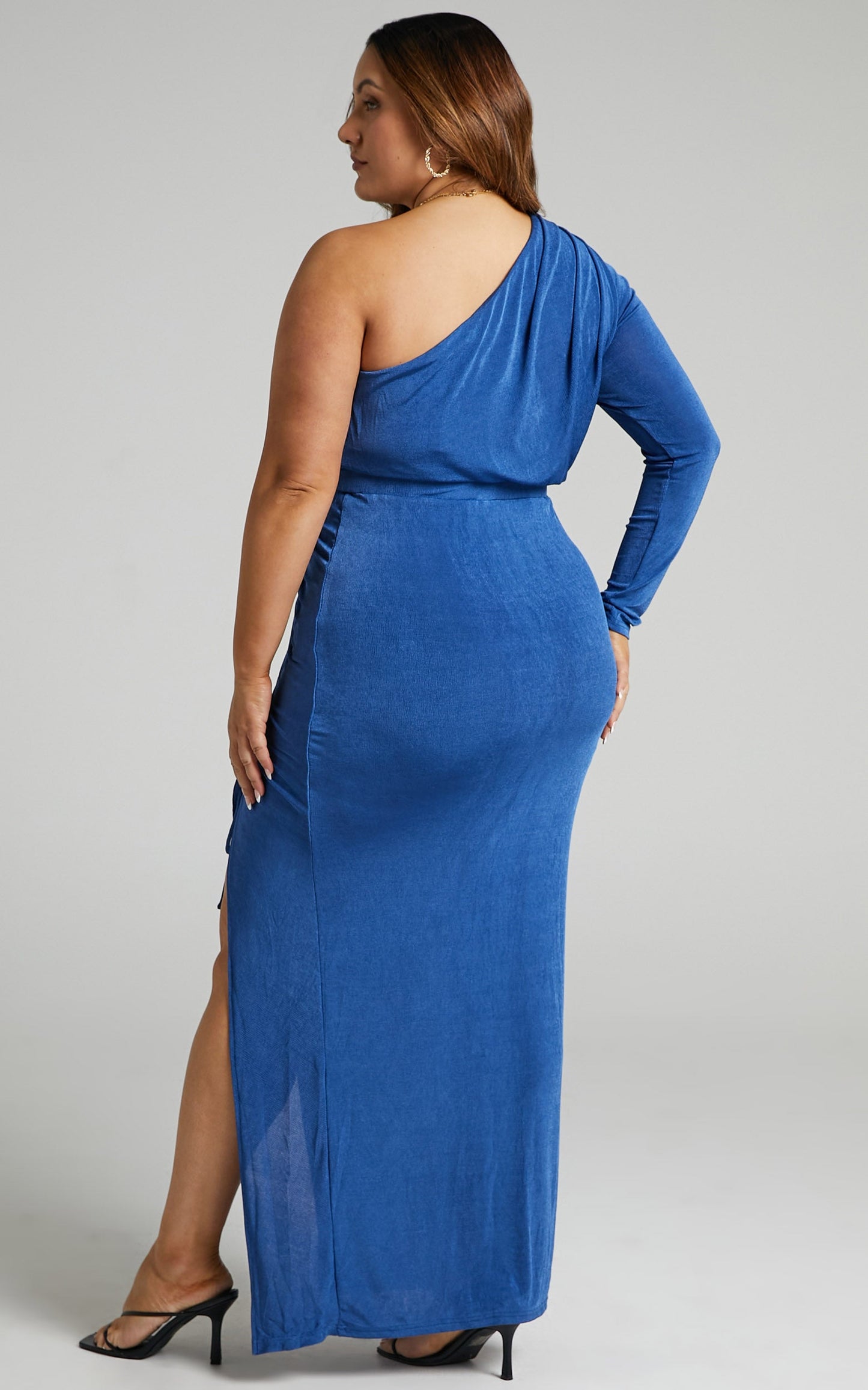 Eleiza Midi Dress - One Shoulder Ruched Dress in Cobalt