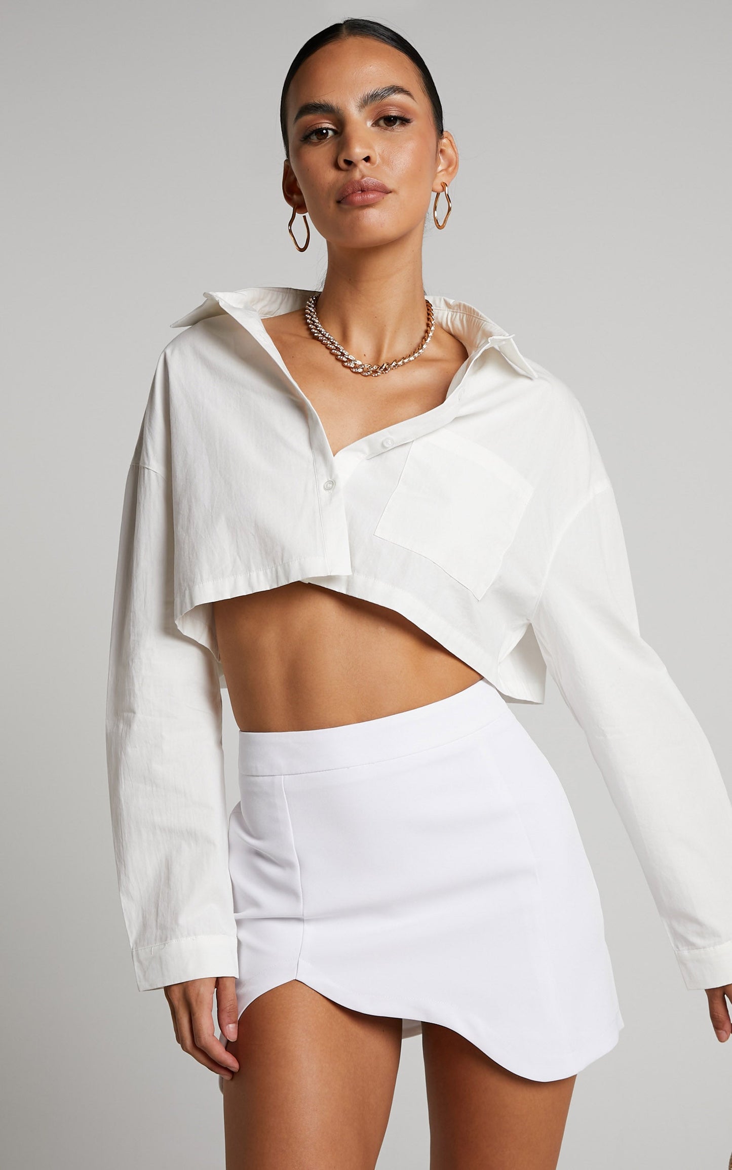 Elenina Top - Button Up Cropped Shirt in White