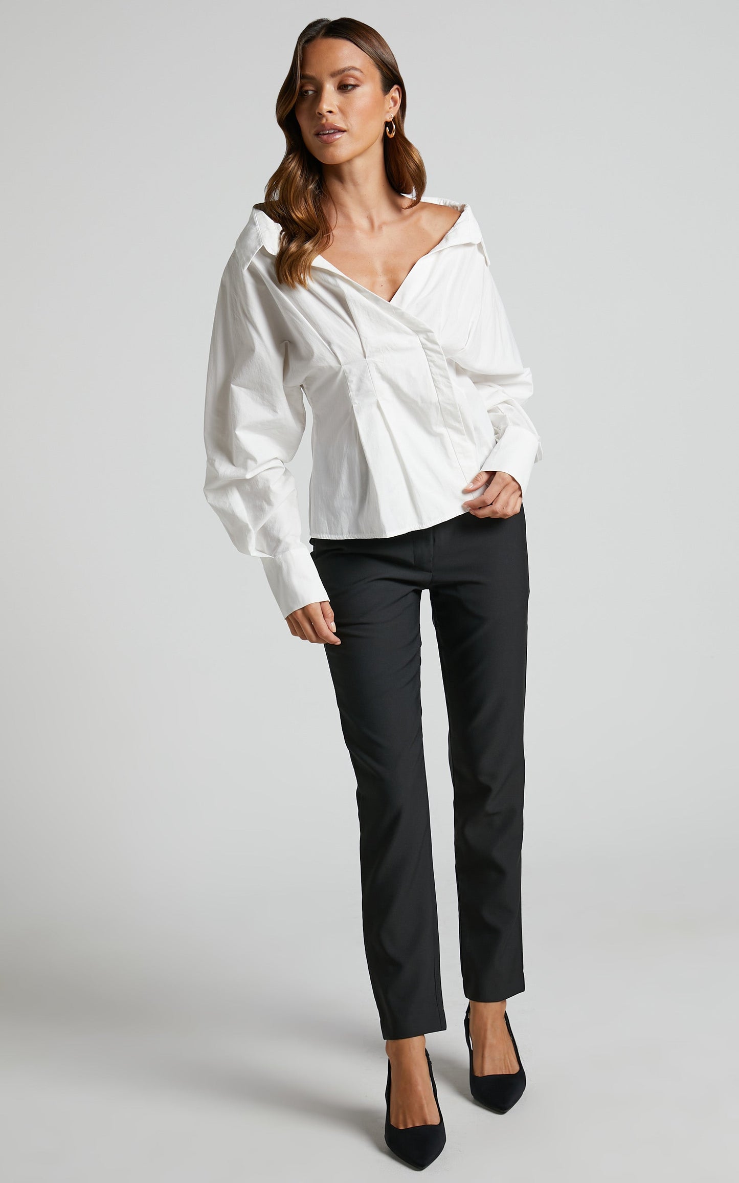 Elenina Shirt - Long Sleeve Pleat Waist Shirt in White