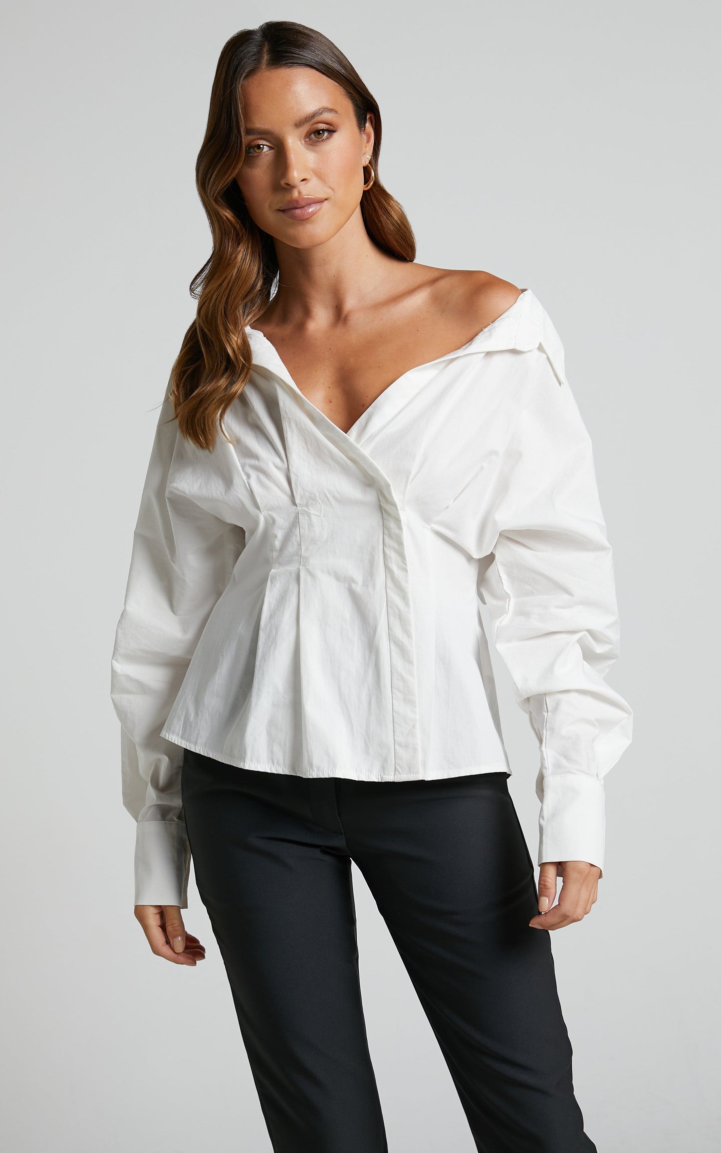 Elenina Shirt - Long Sleeve Pleat Waist Shirt in White